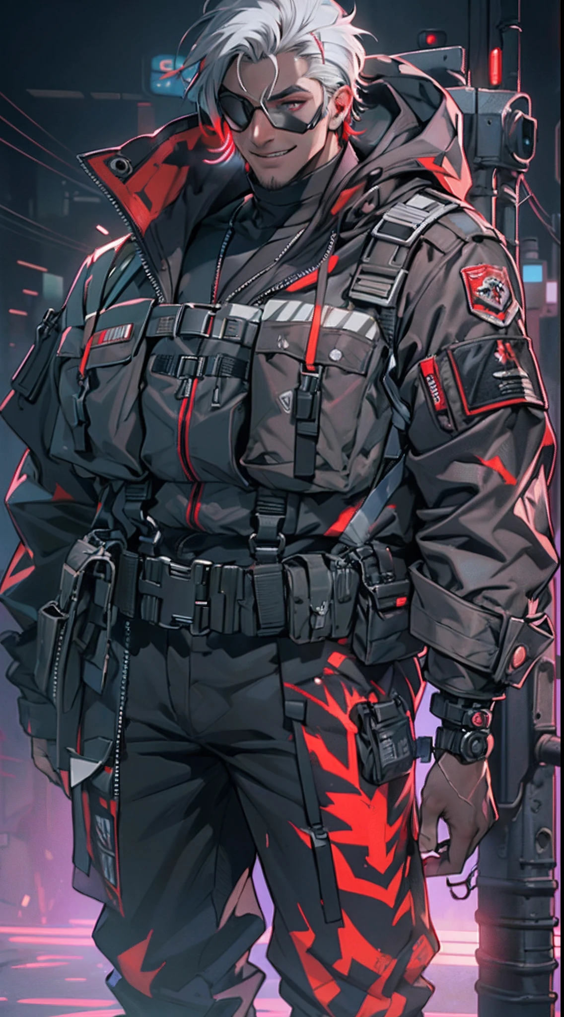 (1 Handsome Man)、(Very huge muscles)、(Unusually large muscles)、(Red cyberpunk military uniform all over the body:1.3)、(Red aura emanating from clothes:1.5)、(Military equipment:1.2)、(White hair)、(an eye patch:1.0)、(cyberpunk helmet)、(30-years old)、(confident grin:1.2)、(Dark hair)、(Top image quality)、(8K picture quality)、(masutepiece)、(Full body photo:1.3)、cinematric light, Cinema Shadow, Sharp Image, Extremely detailed,、beautiful effects, Muted colors, Highly detailed image textures, detailed hairs, Detailed face, Detailed eyes, Full body photo、Highly detailed image textures, detailed hairs, Detailed eyes、