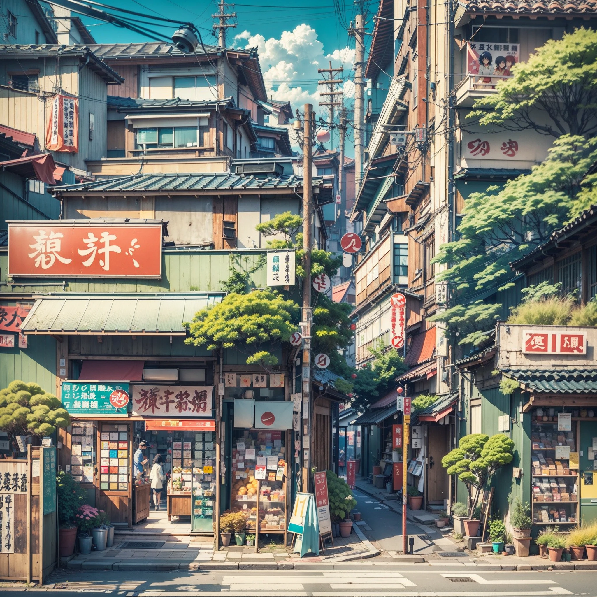 sunny, beautiful weather. modern Japanese city street, japanese shop. Best quality. No one in sight. Anime. Anime style. lofi. dramatic weather. wide view, wide angle. Next to street. Modern village