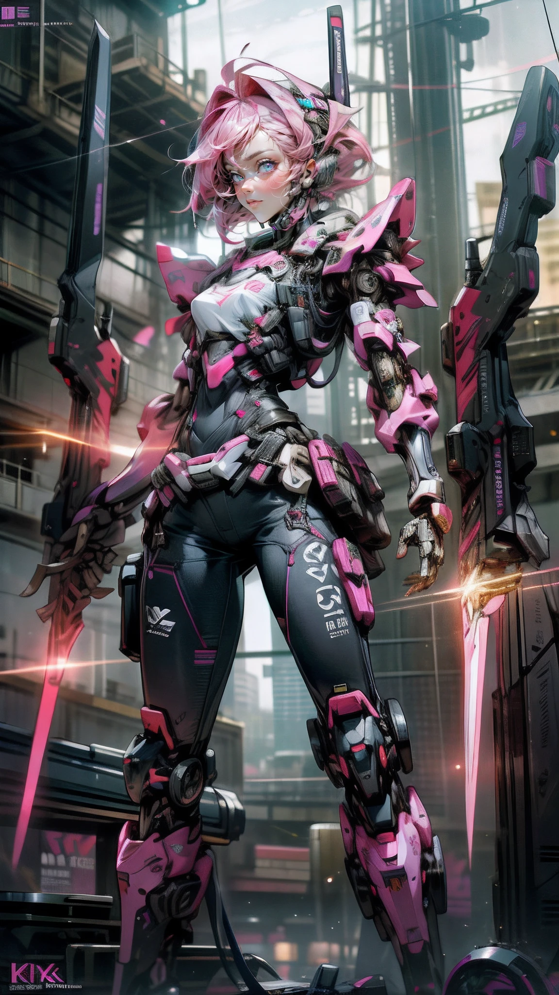 This is a hyper-detail、High resolution and high quality CG Unity 8k wallpaper,The style is cyberpunk,Mainly black purple。After taking pictures, The look of short hair,Beautiful girl with messy pink hair appears,s delicate face,The eyes are equipped with high-precision infrared battlefield scanning mirrors,The woman holds a light blade in her hand,Laser knife,They wear mecha exoskeletons,Exquisite details