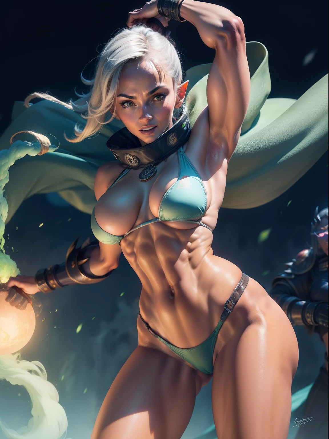 ((One Woman)), One Woman, masutepiece, of the highest quality, posterior view, Queen of the Grey Elves, bikini of, central, Belt bag, Peach Boots, viewer, Face, Portrait, Glowing eyes, Green smoke, Ass, Black background, Raised breasts, Bare skin, facial expression of smile, devil's figure, Docking screen, Muscle Girl, Krautin Gregg Open, Lower body