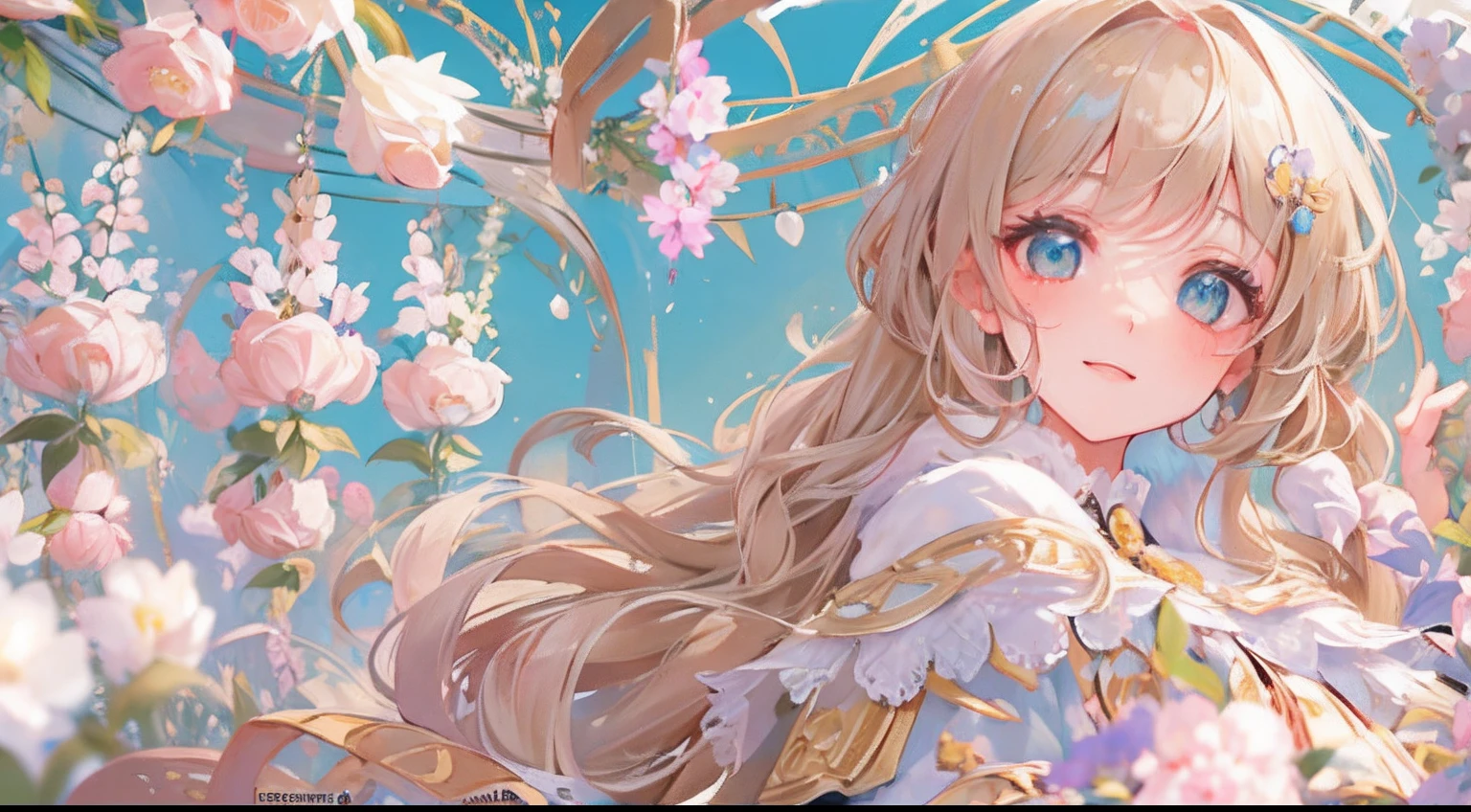 (1girl:1.2), leve blush, cabelos ondulados, cabelos fofos, Capelet, lace trim, renda, Frescuras, Lolita, elegante, corpete, Sorriso leve, peaceful, colorido, (inverno:0.7), (flor:0.7),, Natureza, princesa, real, extremamente detalhado, fundo bonito, Branco, profundidade de campo, Cinematic lighting, Cores semelhantes a Ghibli, High detail, scenecy, horizonte, vento, (brilhante:0.7), vento soprar, Olhando para o Viewer, Lolita Roupas, 8k, Bokeh, Premiado, (master part:1.3), best quality, anatomicamente correto, perfect hands