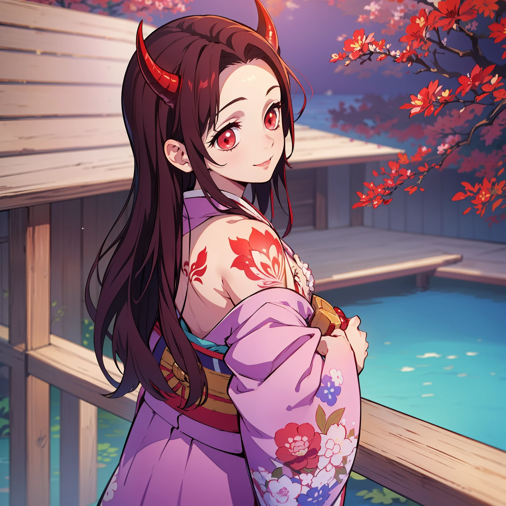 (masterpiece, best quality:1.2), kimetsu no yaiba style, kamado nezuko, (1 girl, solo), 20 years old, upper body, (pink kimono, open chest, floral tattoo on neck and chest), (red demon horns, red eyes), happy smile, look back, standing on the wooden balcony, natural lake background