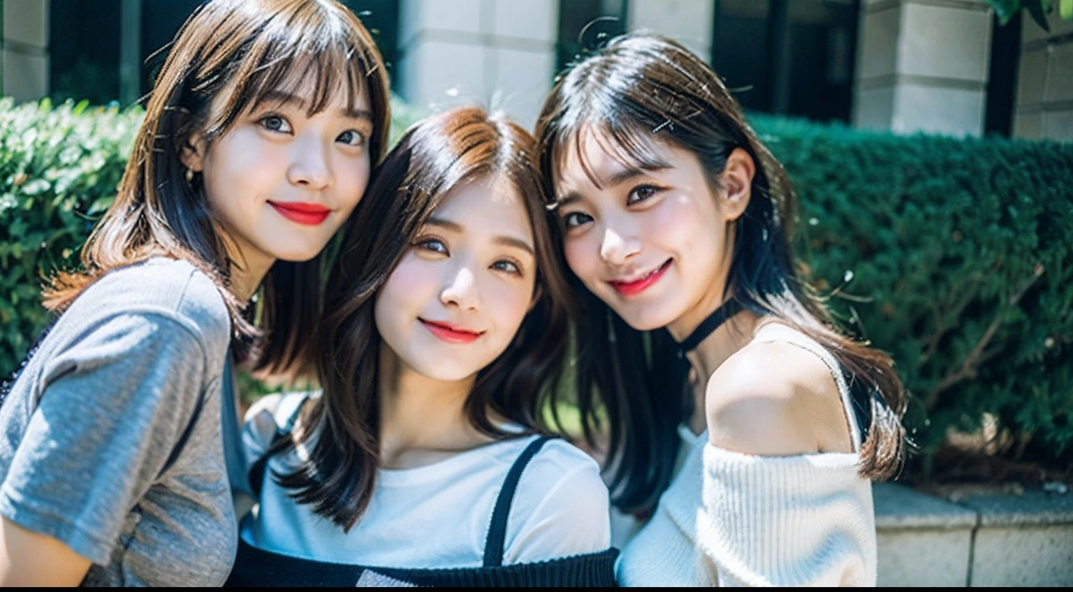 (8K、Raw photography、best qualiy、The Masterpiece:1.2)、Ultra Verbose、Super Resolution、(Realstic、real pictures:1.37)、(photorealestic:1.6)、Realstic, 35 mm, Intricate Details, AJC, Intricate Details, Ultra Detail, Natural skin texture, Surreal, sharp,High-quality image taken by camera from above Eating lunch on the roof of the school。、Fantastic scenery、Modern School Uniforms、Stylish sailor suit、School rooftop、lunch break、Stylish school、futuristic cities、School of the Future、In the future、A futuristic world、Fantastic world、New World、High-resolution RAW color photos、professional picture、Very detailed and beautiful、(Pointing at the camera)、(Spread your hands wide and your palms facing us)Real Light、A smile that makes you see your teeth、Beautiful scenery mixed with light、Highly detailed sailor suit、Amazingly cute female proofreader、Amazing cute smile、Transcendent cute face、Amazing details、red scarf、Beautiful girls in very detailed、Faces with different patterns、、One has a ponytail、Modern cute high school girl、Very detailed face Very detailed eyes、Very realistic skin、 extremely detailed fingers, extremely detailed nose, extremely detailed mouth, flawless anatomy, Highly detailed sailor suit、high detailed backgrounds,After school、。Smiles overflow、、Long straight hair, (Blunt bangs:1.2), 、Schoolgirl youth Celebrity-level cuteness 、(Pink Eye Shadow)