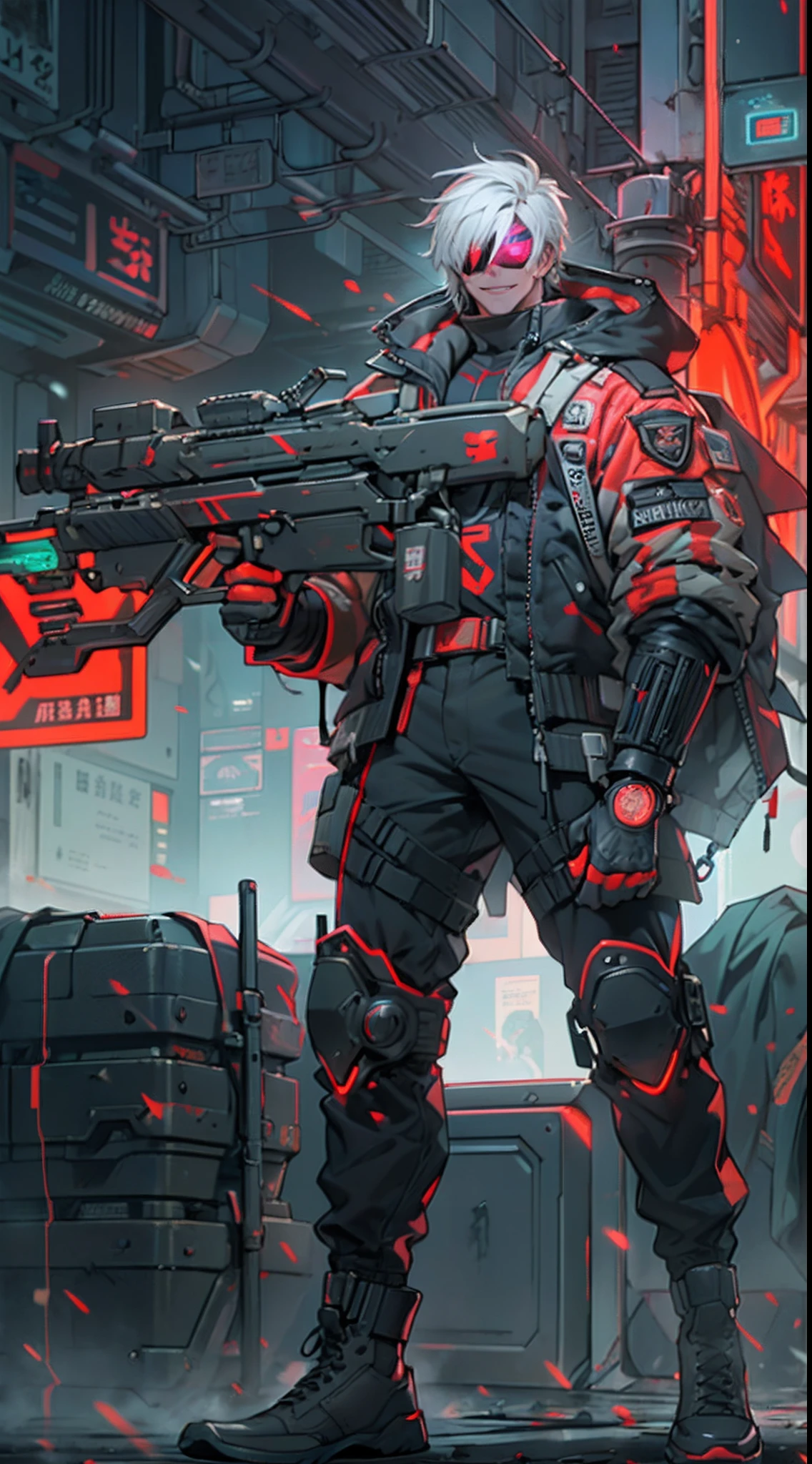 (1 Handsome Man)、(Very huge muscles)、(Unusually large muscles)、(Red cyberpunk military uniform all over the body:1.3)、(Red aura emanating from clothes:1.5)、(Military equipment:1.2)、(White hair)、(an eye patch:1.0)、(cyberpunk helmet)、(30-years old)、(confident grin:1.2)、(Dark hair)、(Top image quality)、(8K picture quality)、(masutepiece)、(Full body photo:1.3)、cinematric light, Cinema Shadow, Sharp Image, Extremely detailed,、beautiful effects, Muted colors, Highly detailed image textures, detailed hairs, Detailed face, Detailed eyes, Full body photo、Highly detailed image textures, detailed hairs, Detailed eyes、