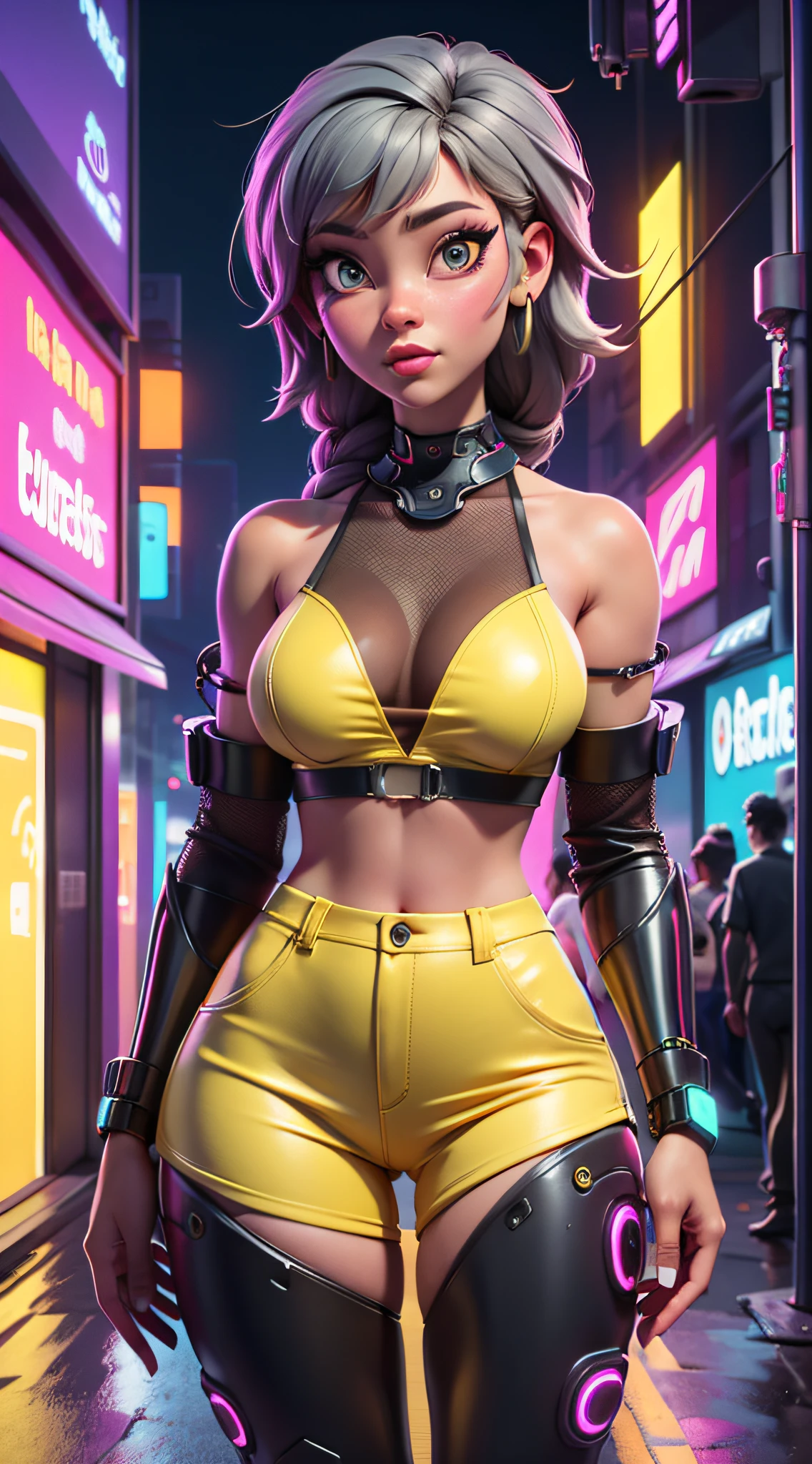 Lashana Lynch ,wearing Mesh tank top with intentional glitch and distortion patterns. , naked bottom, Extra Largebreasts, Acid Yellow and Metallic Gray Circuit Braid, A bustling street market selling high-tech gadgets and illegal cybernetic enhancements, retrowave