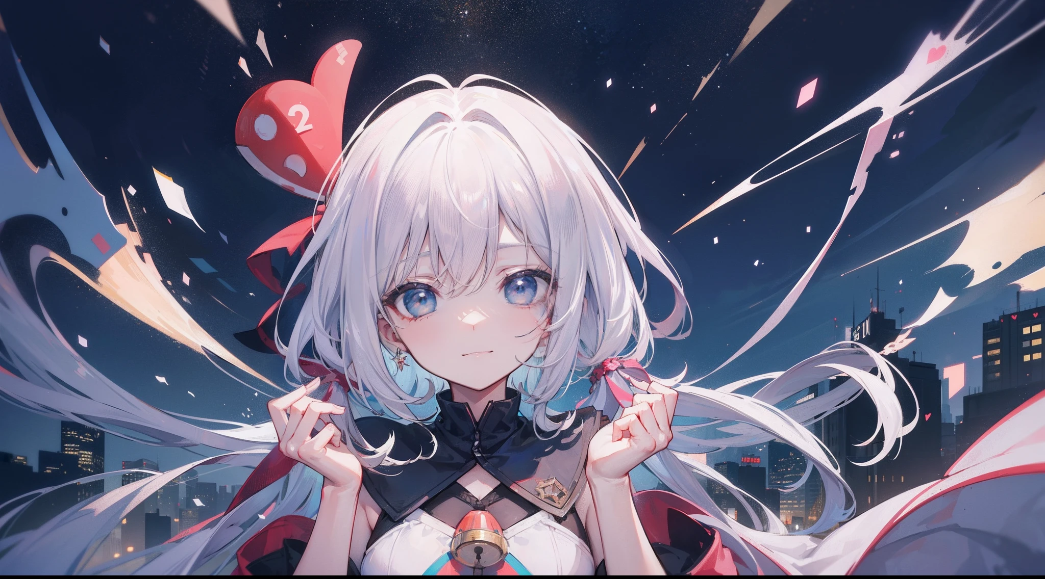 masterpiece, best quality, extremely detailed, cinematic lightning, intricate detail, highres, official art, finely detailed beautiful face and eyes, high resolution illustration, 8k, depth of field, bokeh, solo, 1girl, a girl with white hair and red eyes, long white hair, beautiful red eyes, beautiful landscape, rainy city, upper body, looking at viewer, close up