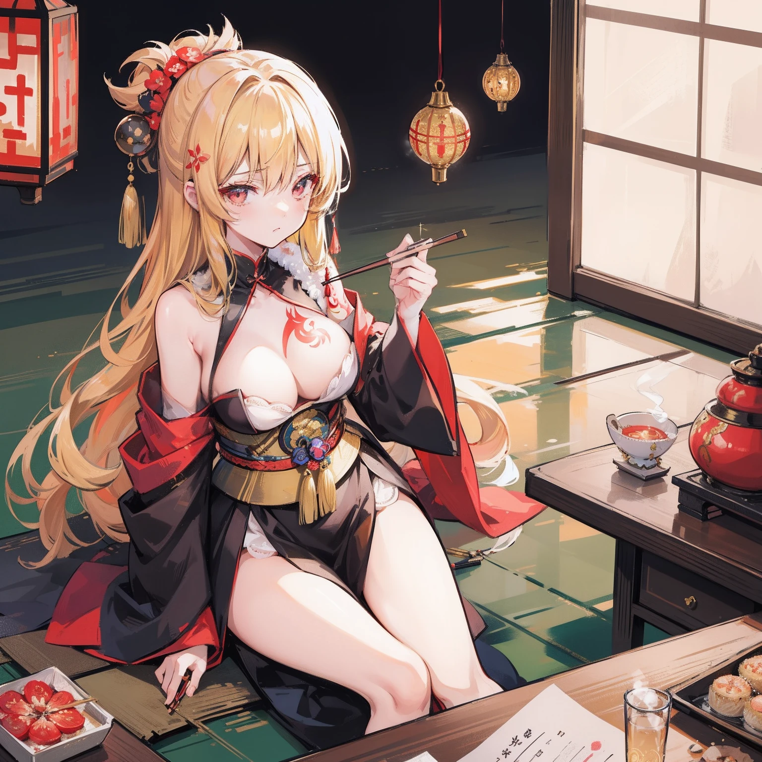 Illustration of woman in ancient oriental costume holding chopsticks, One girl, Komono, Solo, Kimono, Hair Ornament, Chest, Marisa Drizzle, Golden hair, The tattoo, Holding, courtesan, 花魁, Smoking pipe, looking at viewerer, There is