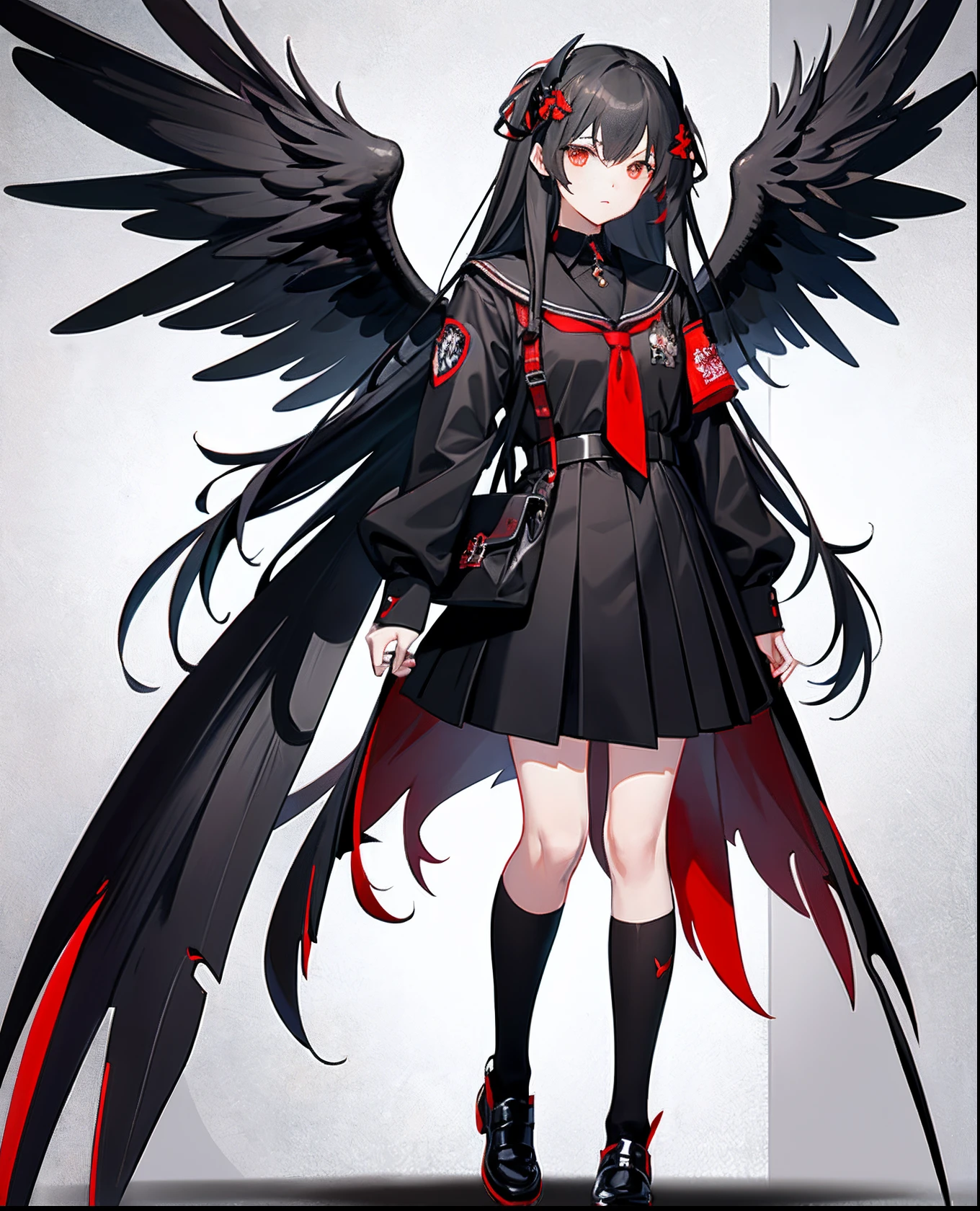 Anime girl with red wings and black dress holding black purse, black wings instead of arms, Has black wings, Magical school student uniform, girls frontline style, inspired by Jin Homura, magic school uniform, from girls frontline, villainess has black angel wings, Anime girl wearing black dress, JK school uniform, raven winged female vampire, Kantai collection style