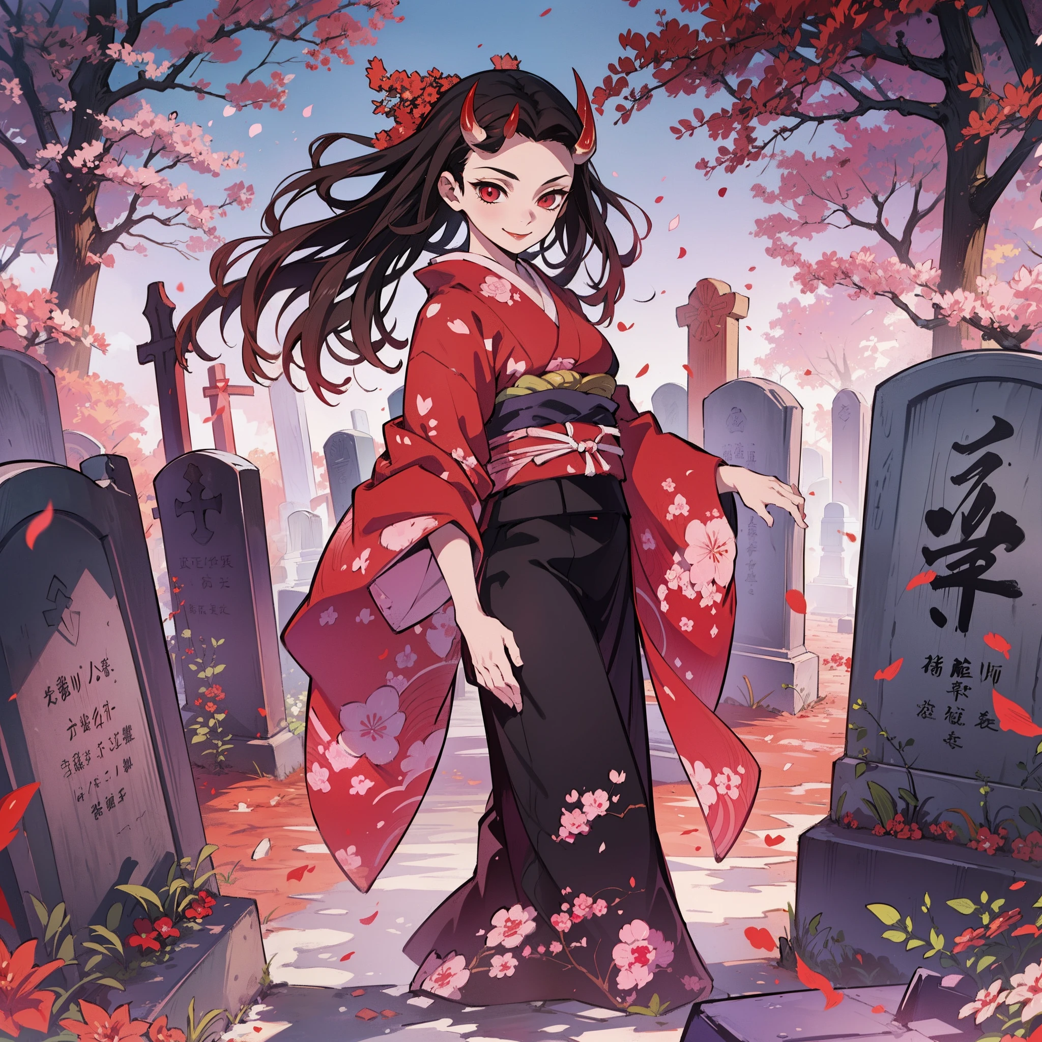 (masterpiece, best quality:1.2), kimetsu no yaiba style, kamado nezuko, (1girl, solo), 18years old, black wave hair, (red demon horns, red eyes), pink kimono, evil smile, from side, (in the cemetery, Japanese style tombstone), look at tombstone