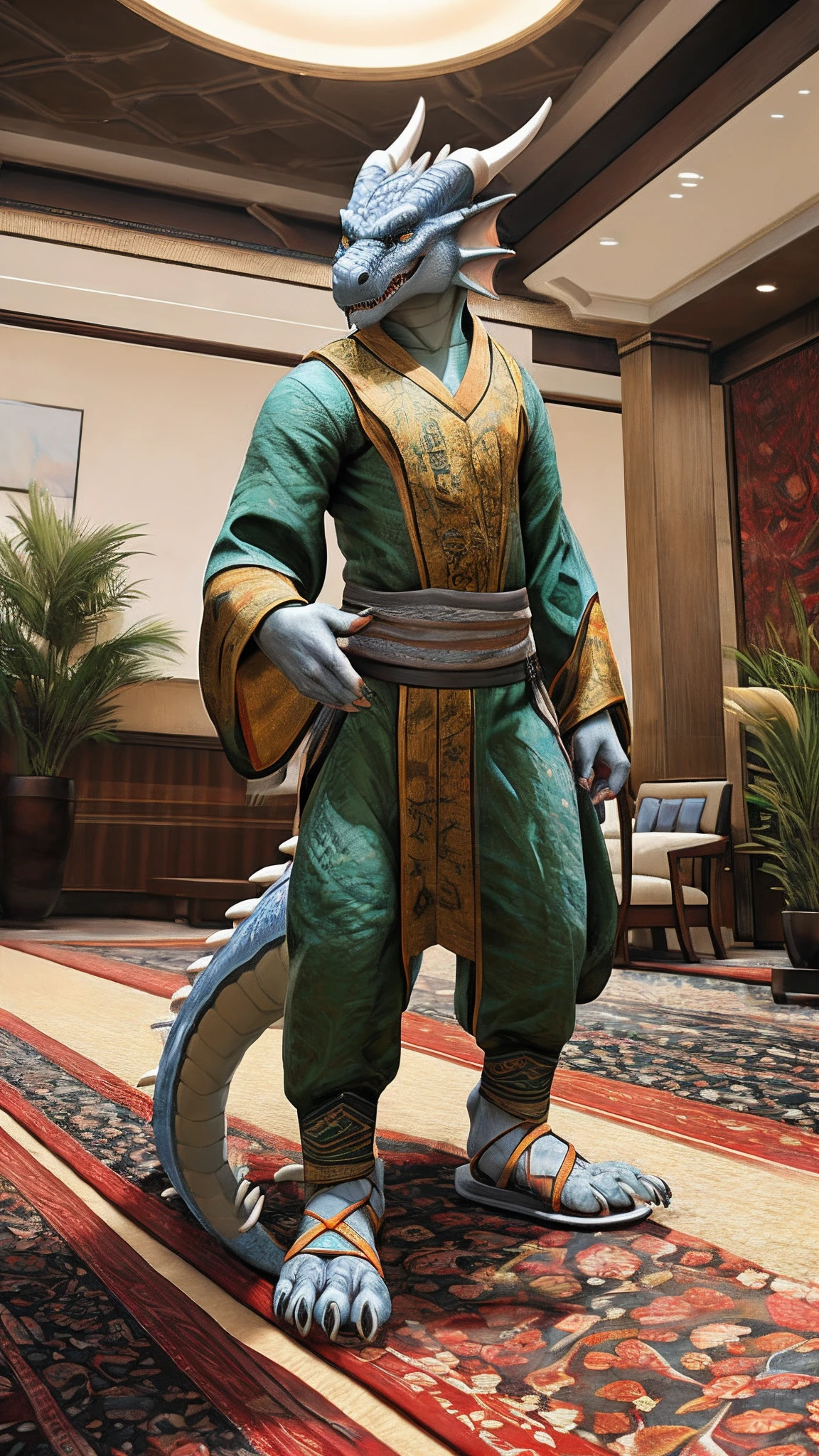 dragon,female,White Hanfu,sandals,Children,Standing on the carpet in the hotel,HD graphics,Detailed and realistic,high detal,high qulity,photo-realistic,photorealistic eye,Detailed paws,Clear eyes,Masterpiece artwork,Five-fingered hands,top-quality,32k,hyper HD
