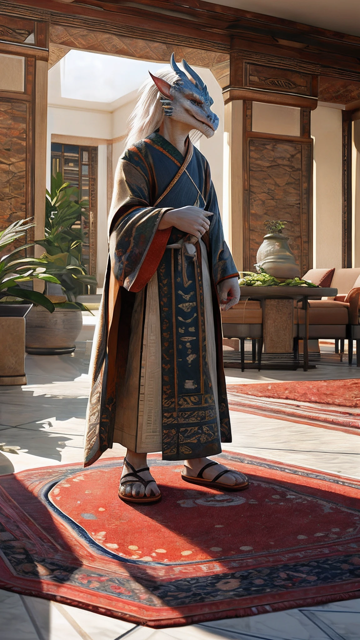 dragon，female，White Hanfu，sandals，Children，Standing on the carpet in the hotel，HD graphics，Detailed and realistic，high detal，high qulity，photo-realistic，photorealistic eye，Detailed paws，Clear eyes，Masterpiece artwork，Five-fingered hands，top-quality，32k，hyper HD