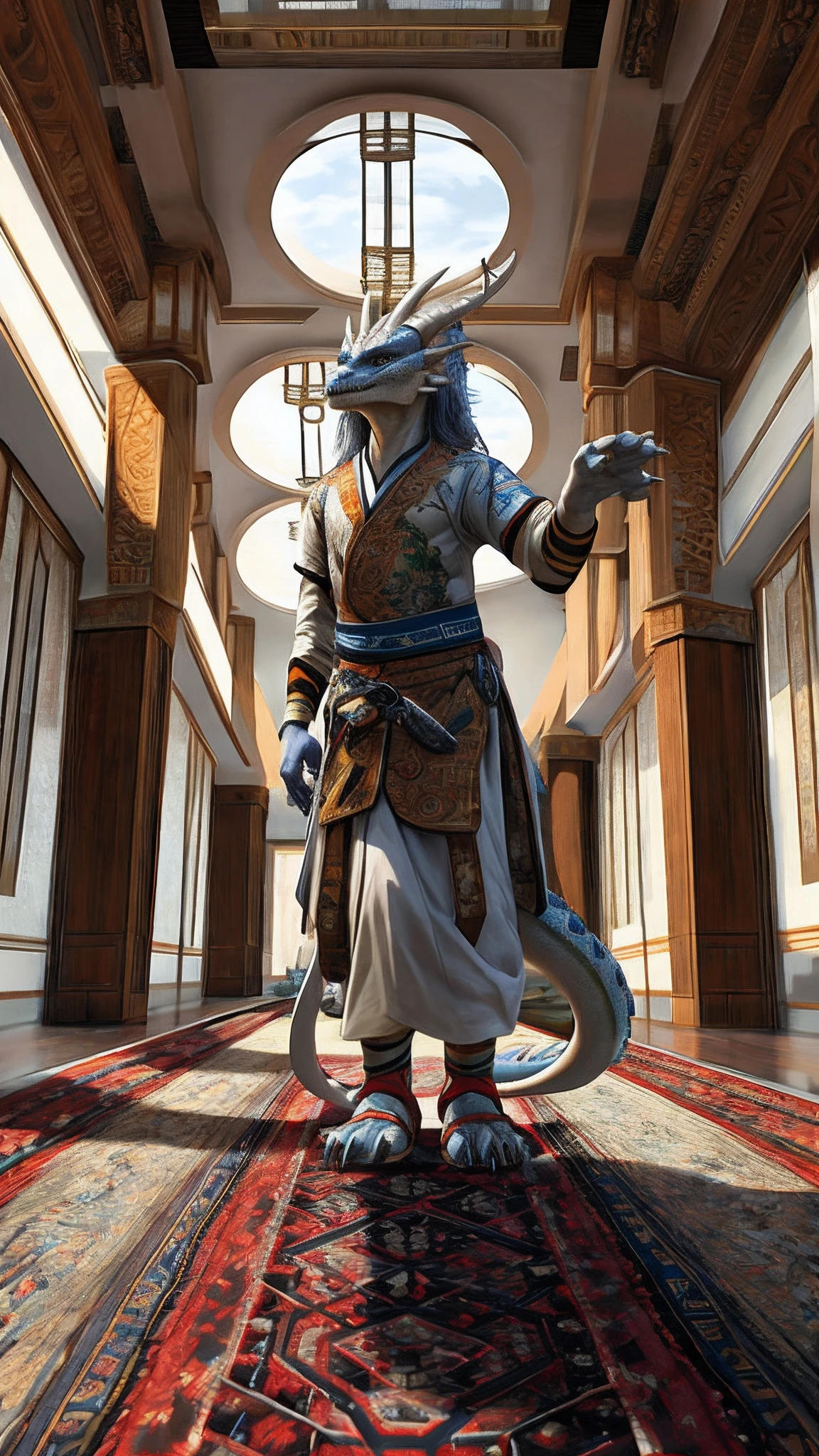 dragon,female,White Hanfu,sandals,Children,Standing on the carpet in the hotel,HD graphics,Detailed and realistic,high detal,high qulity,photo-realistic,photorealistic eye,Detailed paws,Clear eyes,Masterpiece artwork,Five-fingered hands,top-quality,32k,hyper HD