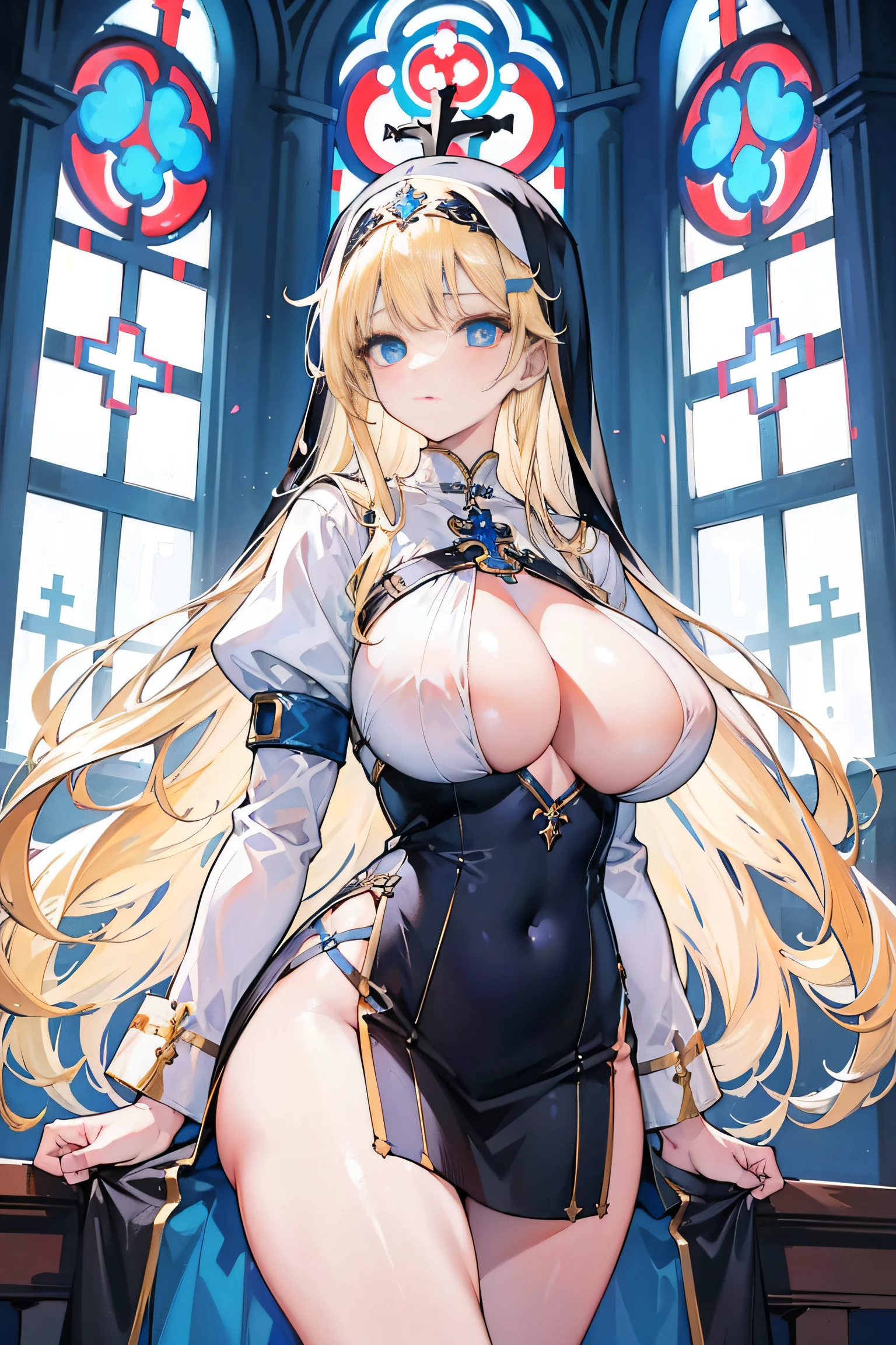 1 Girl shows white tong,Spread your legs,Gorgeous erotic nun dress,Misty,huge tit,Long blonde hair,blue color eyes,Gorgeous hair decoration,divino,highest quality,exposing her chest,Miniskirt,Gorgeous church background with extreme details