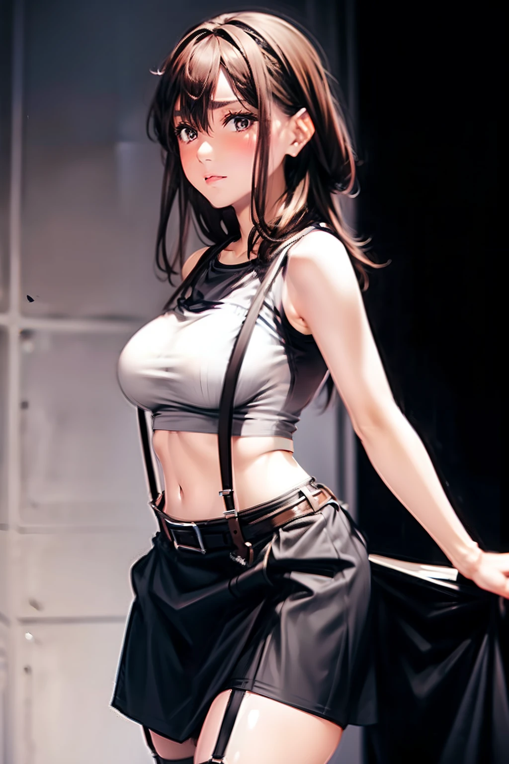 a black skirt, , Tank tops suspenders, Long Black Hair, Gray eyes, holster, Garter belt on the legs, , Moderate breasts and tight clothes, both sides Behind no-bra