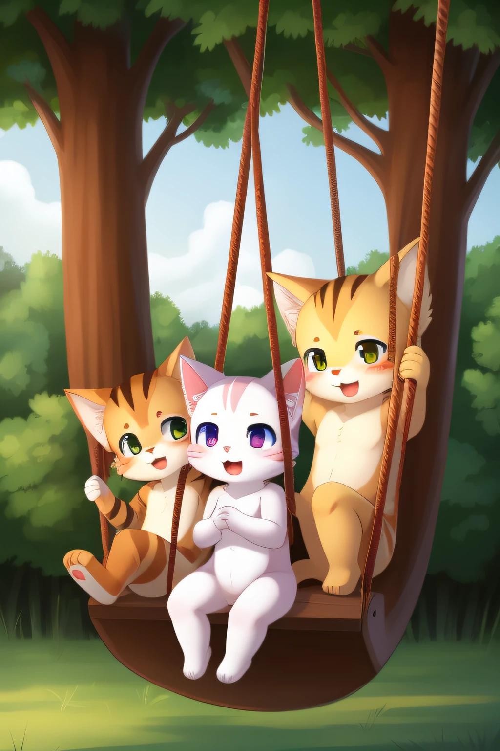 Three cats playing in the forest and on a swing、cute character、Small character、