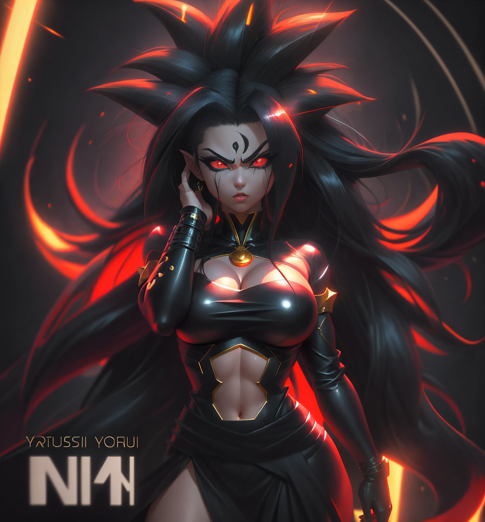 A cartoon image of a woman with a very large chest and very long blonde and black hair, Fanart officiel, Saiyan fille, official artwork, Broly, Version SFW, pose intimidante, symmetry!! portrait of akuma, a queue, Crocodiles, dans le style anime, Personnage de style anime, Detailed fanart, inspired by Taiyō Matsumoto, Artgerm, hyper realism, 8k, black sclera, pupilles rouges, Totally black sclera, yeux noirs avec pupilles rouges, Golden Horns