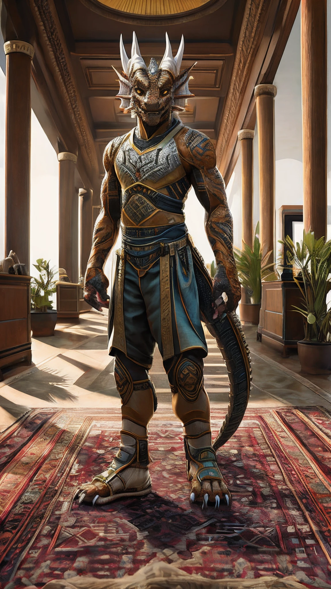 Bionic dragon,female,White Hanfu,sandals,Children,Erections, Testis,Standing on the carpet in the hotel,HD graphics,Detailed and realistic,high detal,high qulity,photo-realistic,photorealistic eye,Detailed paws,Clear eyes,Masterpiece artwork,Five-fingered hands,top-quality,32k,hyper HD
