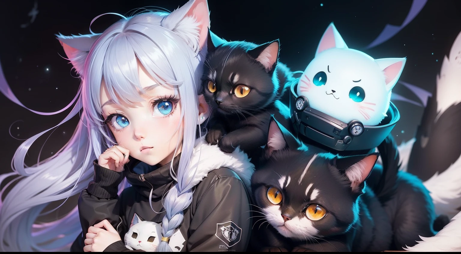 There is a cat on one shoulder,cartoon of a girl with a cat on her shoulder, she has a cute expressive face, in style of cytus and deemo, pin on anime, Anime moe art style, with huge luminous sad eyes, Female protagonist 👀 :8, with index finger, High quality anime art style, Cute anime style, in an anime style