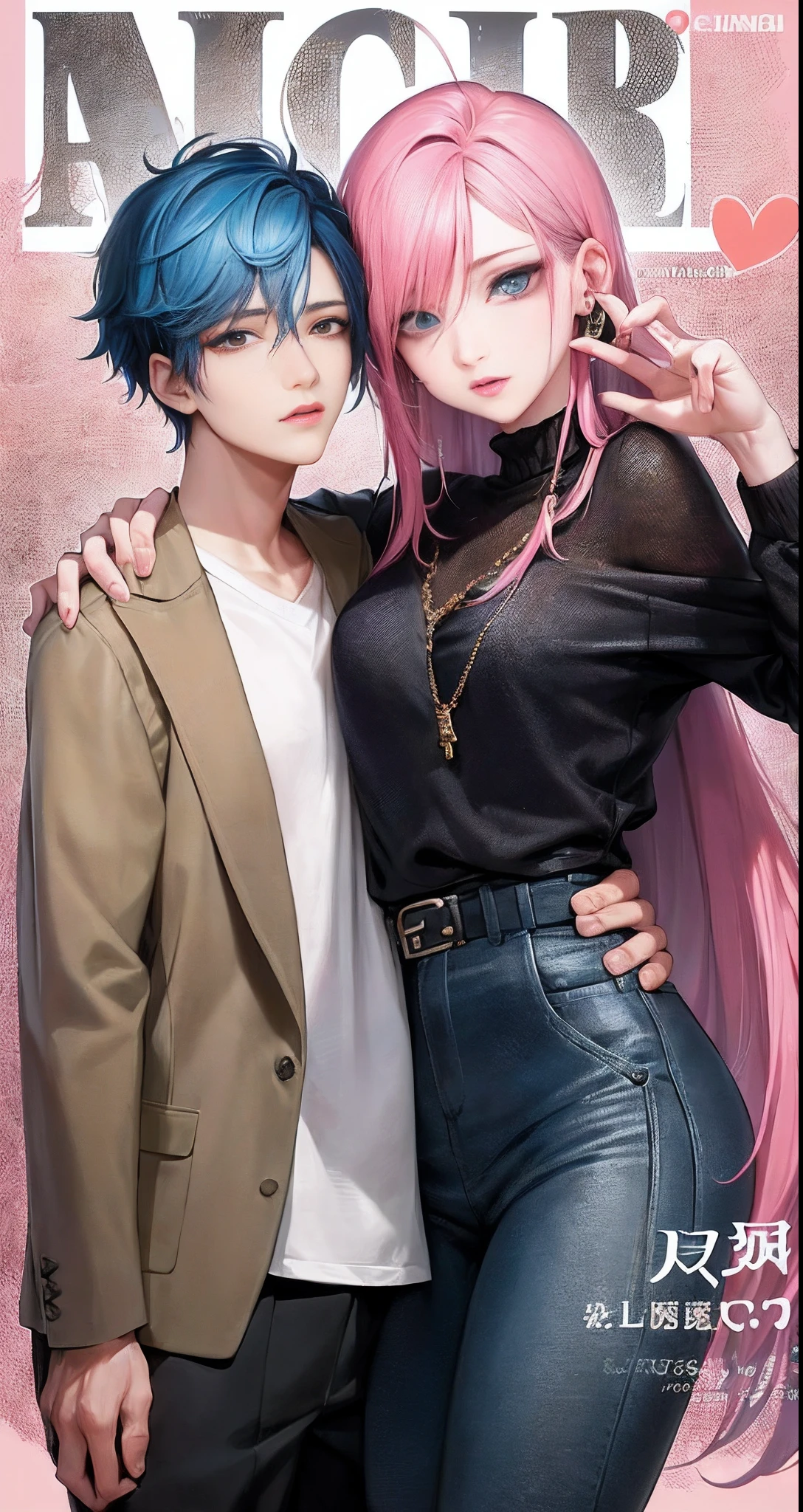 ((Male and female couples)), window, Idol Photos, Magazine covers, Photos of actors, Professional Photos, Height difference, tall male, Happiness, youthfulness, extra detailed face, detailed punk hair, very detailed character, inspired by Sim Sa-jeong, Cai Xukun's, detailed realistic faces, highly detailed realistic face, high detailed face anime, realistic detailed face, Accurate detailed face, attractive androgynous humanoid, Cool Korean fashion in black, ((With a man with light blue hair)), ((Woman with pink hair)), ((Woman with long hair below waist)), ((Man with short hair over ears)), ((Pink hair woman with gentle expression)), ((Man with light blue hair with wild expression)), high-level image quality, masterpiece, Photographed so that the whole body can be seen, Photographed to make clothes look beautiful, Take your eyes off, ((two individuals)), ((British couple))