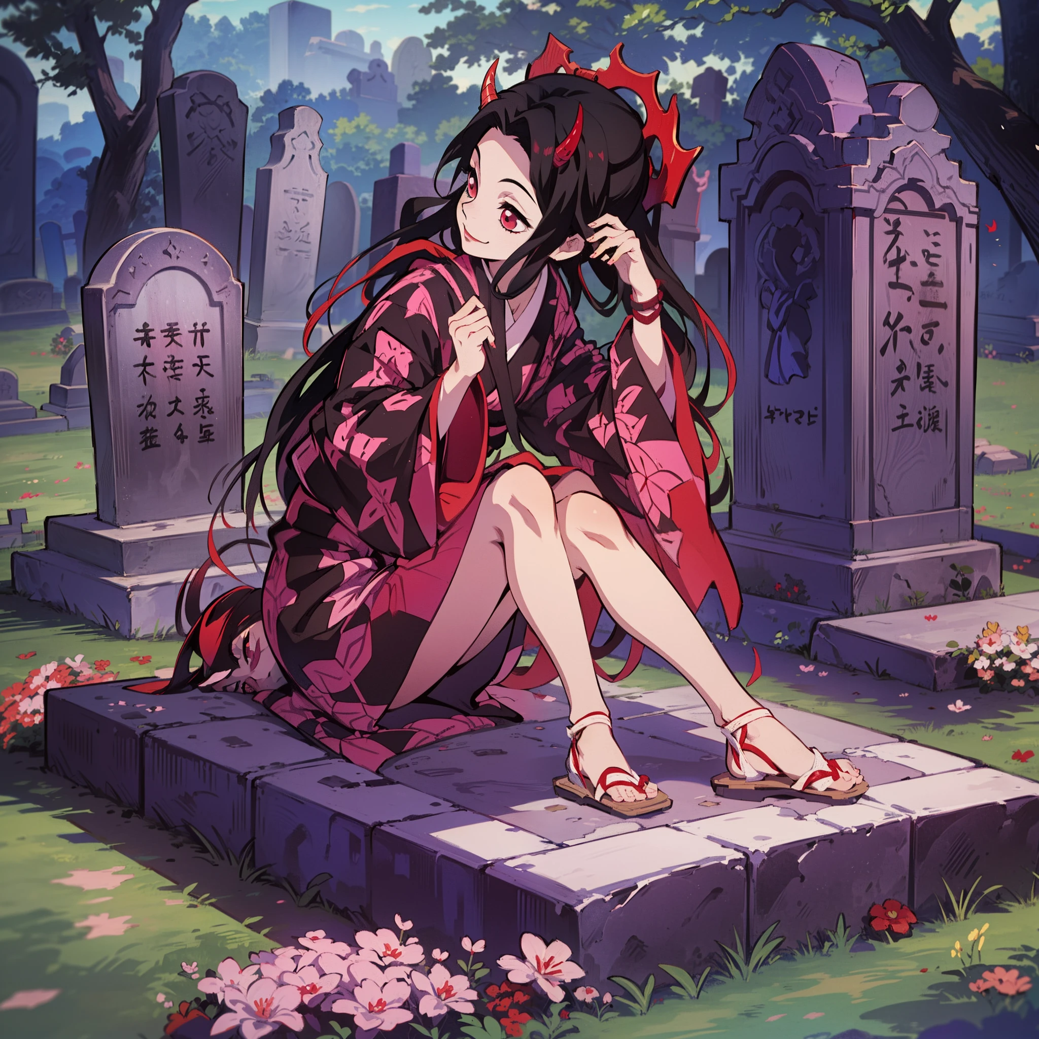 (masterpiece, best quality:1.2), kimetsu no yaiba style, kamado nezuko, (1girl, solo), 18years old, black wave hair, (red demon horns, red eyes), pink kimono, evil smile, from side, (in the cemetery, Japanese style tombstone), look at tombstone