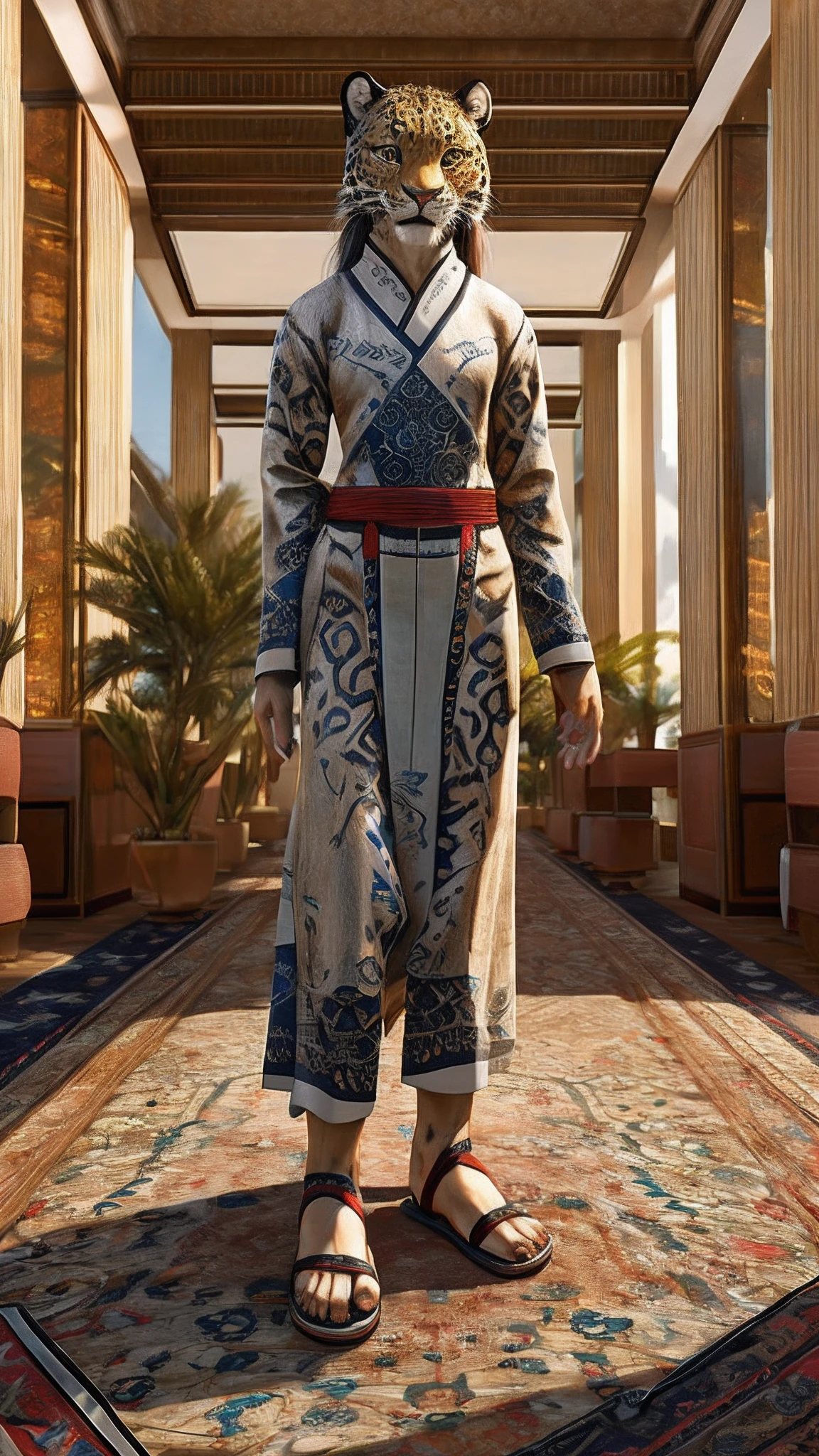 Bionic Leopard，female，White Hanfu，sandals，Children，Standing on the carpet in the hotel，HD graphics，Detailed and realistic，high detal，high qulity，photo-realistic，photorealistic eye，Detailed paws，Clear eyes，Masterpiece artwork，Five-fingered hands，top-quality，32k，hyper HD