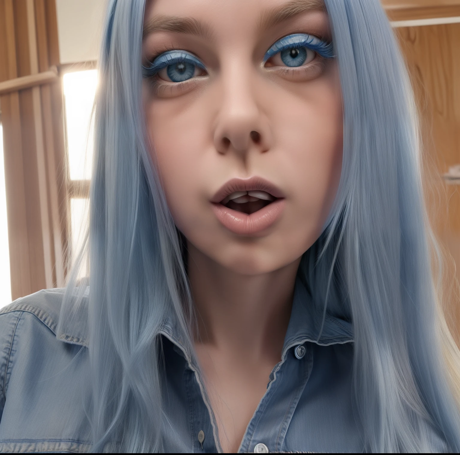 Blue hair woman with long hair sticking out her tongue and wearing a denim shirt, blonde hair and large eyes, long blonde hair and large eyes, she has a cute face, blonde swedish woman, lindsey look, cute pout, cute silly face, huge downslanted eyes, sexy face, thick lips, she has a cute expressive face, long blue hair and big eyes