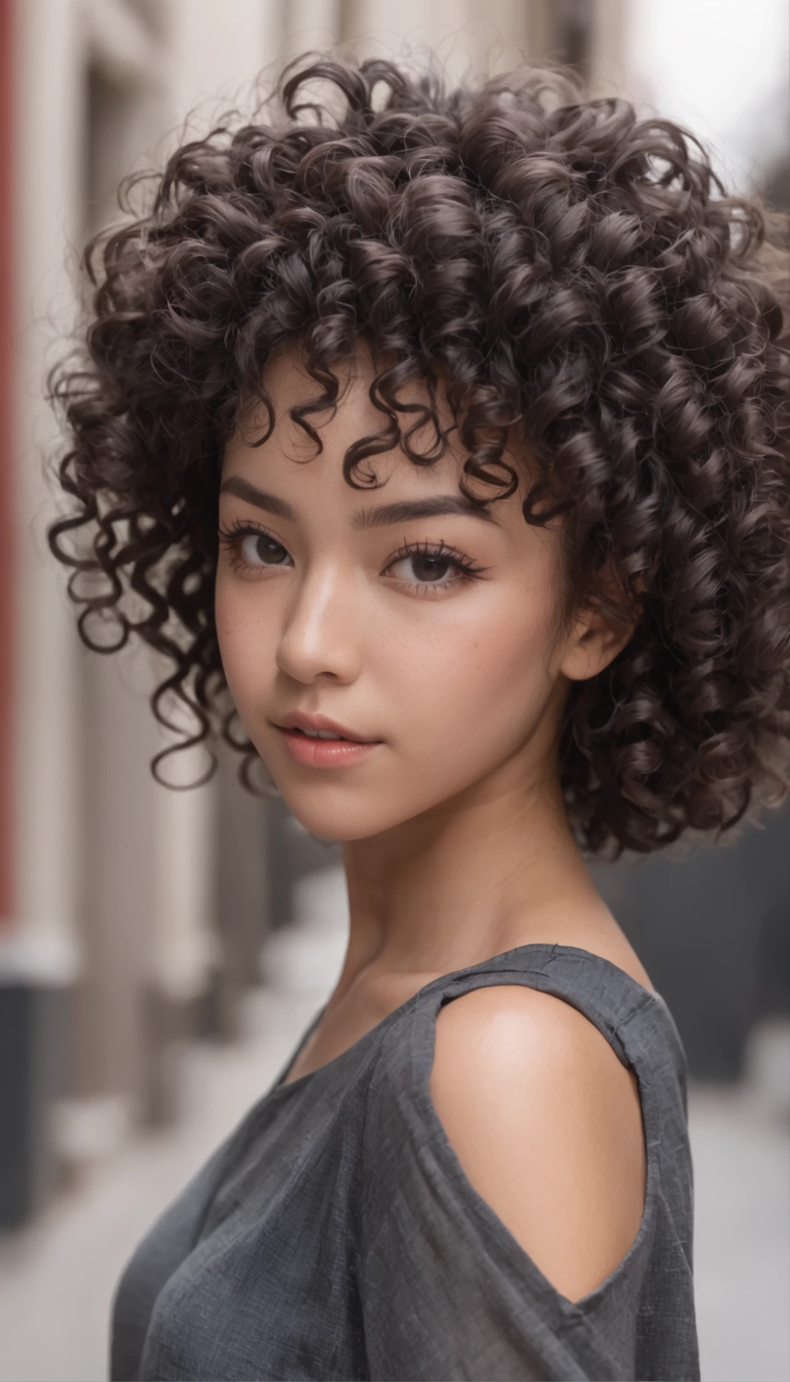 Girl Highly Detailed Face and Skin Texture, ((white skin)) big green eyes, slim face, juicy lips, bimbo lips, big puffy breast, ((afro curly Black hair)), pale skin, Detailed Eyes, Double Eyelids,