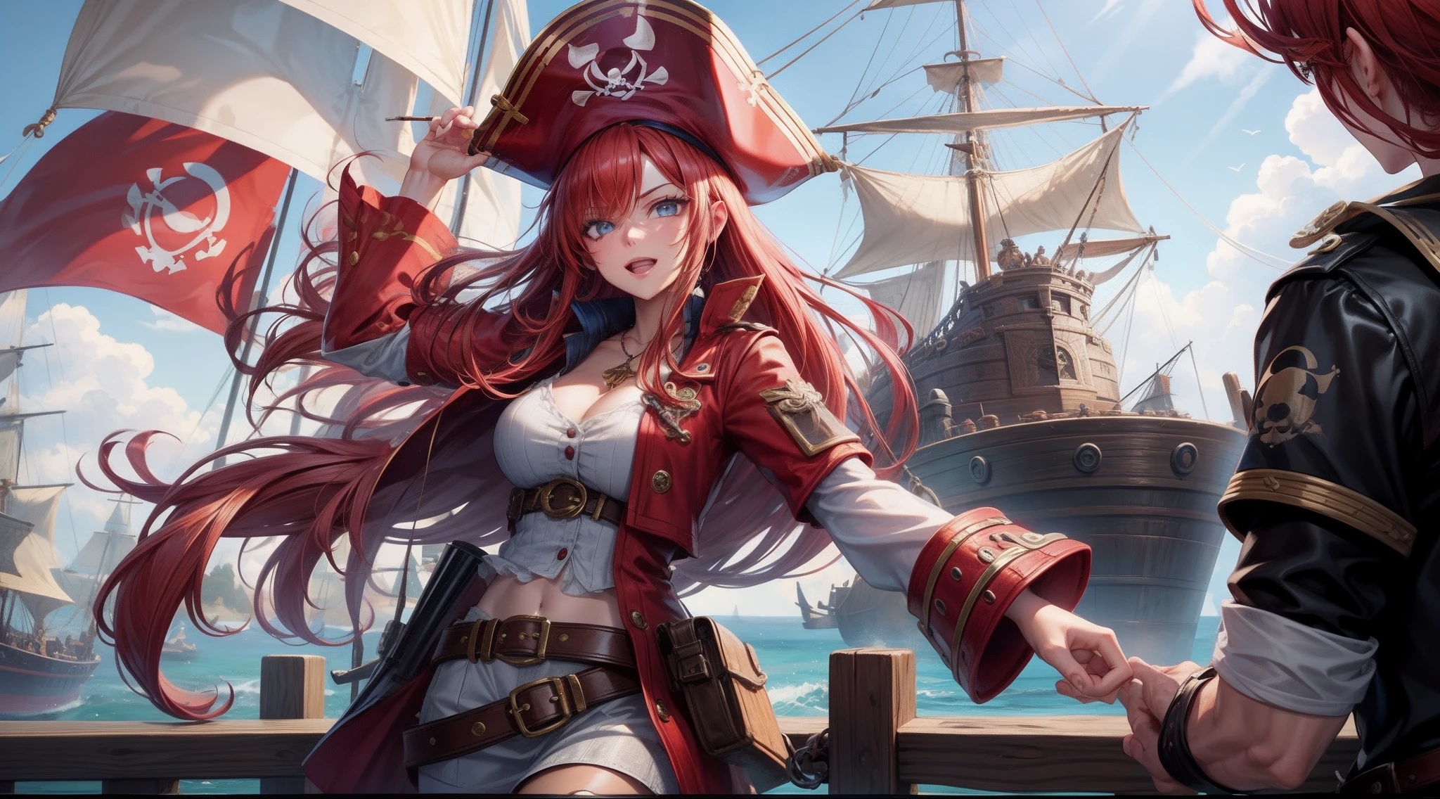 red head, pirate hat, gunner girl, detailed fingers hands