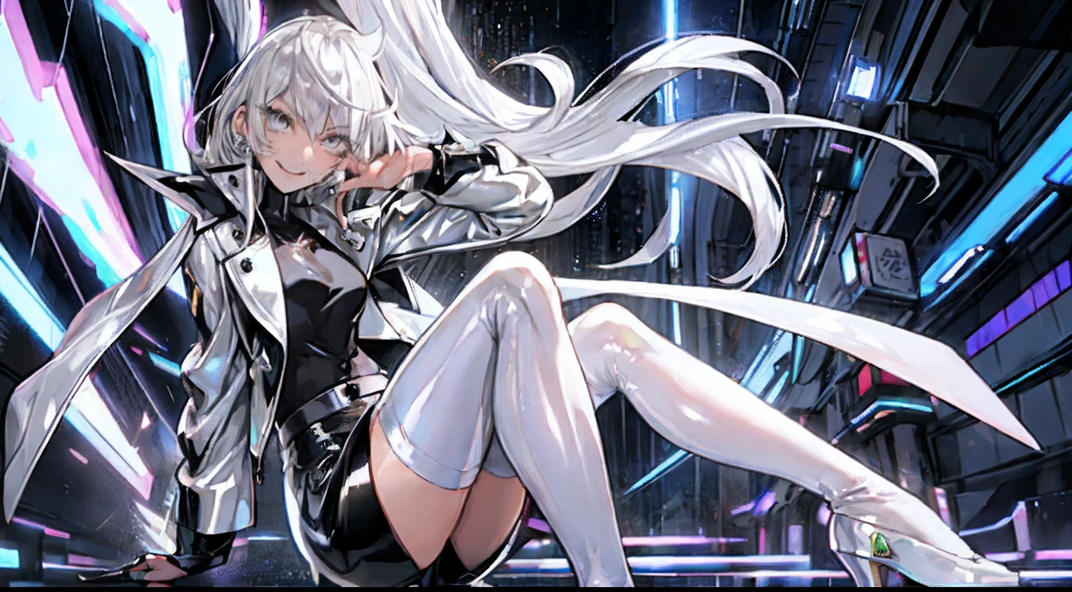 Background with:On the street at night、Anime Art Style、
expressioness:huge smile、
hairstyle on:platinum-blonde、Loose Wave、
The eye:Eyes Like Gems、
outfit:(Shiny Silver Leather Jacket)、(Shiny Silver Leather Skirt)、short leather boots、(Light Pantyhose:0.7)、High-quality ornaments、
system:Petite、 A slender、(shiny skins:1.1、perspired:1.5)、barechested、
Look at the camera:High Angle Full Body
posture:to stand、Clean posture、 
BREAK、 infp young woman、独奏、