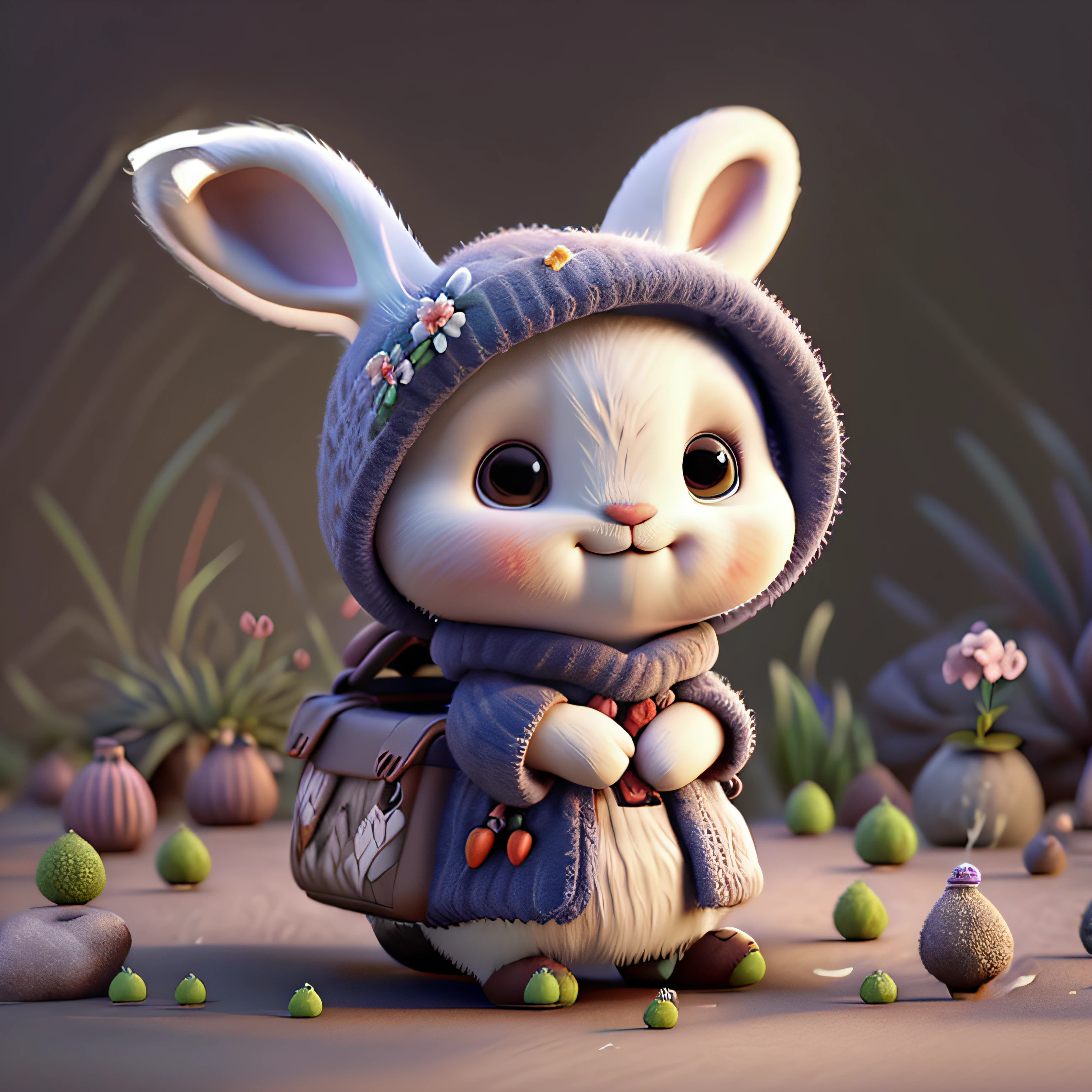 Bunny, Holding a basket of flowers，bblurry, Bunny, Carrot, Nature, No_Humanity, Depth of field, to8contrast style, Dark_glam, wearing DRK_glam, Deep shadows, (Dark: 1.4), (8K, RAW photo, Best quality, Masterpiece: 1.2)