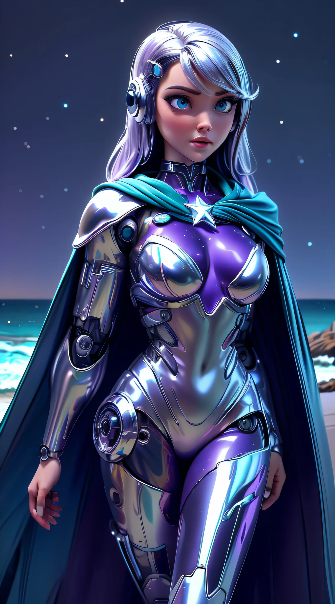 chrometech, metallic female cyborg wearing Starlight Bodysuit, Velvet Purple Cloak with Silver Starfall: Silver stars appear to cascade down the cloak, creating a captivating starfall effect., (Lviv Blue,Coastal Vista color background:1.3),
