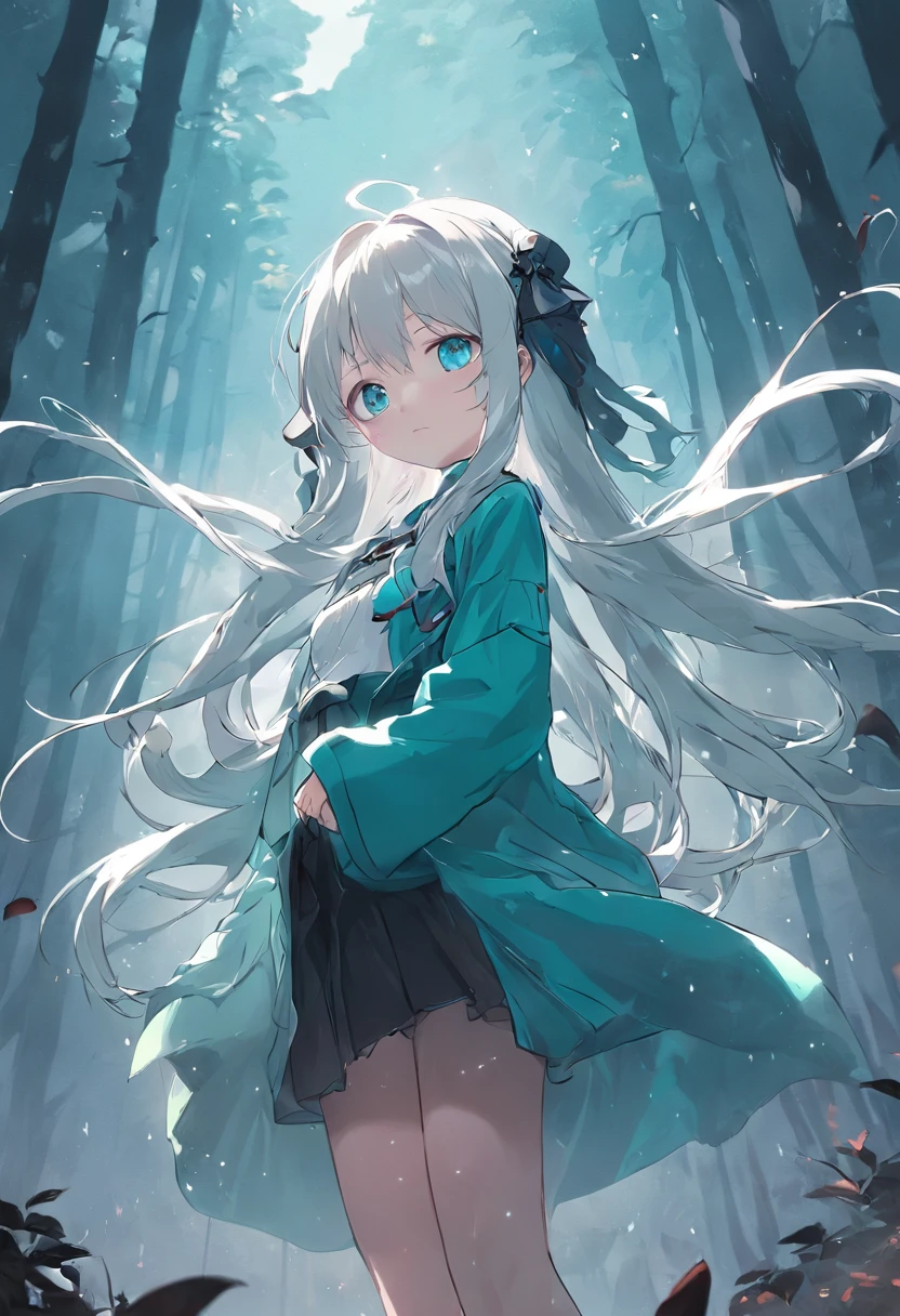 Anime girl with long white hair and black stockings,Turquoise blue clothes,China-style,Forests and lakes,444 Hz, Beautiful, Breathtaking, Highly detailed, 8K, Use, affectionate, Ultra photo realsisim, scenery