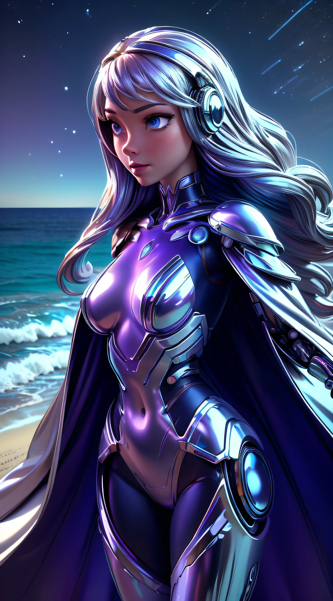 chrometech, metallic  female cyborg wearing  Starlight Bodysuit, Velvet Purple Cloak with Silver Starfall: Silver stars appear to cascade down the cloak, creating a captivating starfall effect., (Lviv Blue,Coastal Vista color background:1.3),