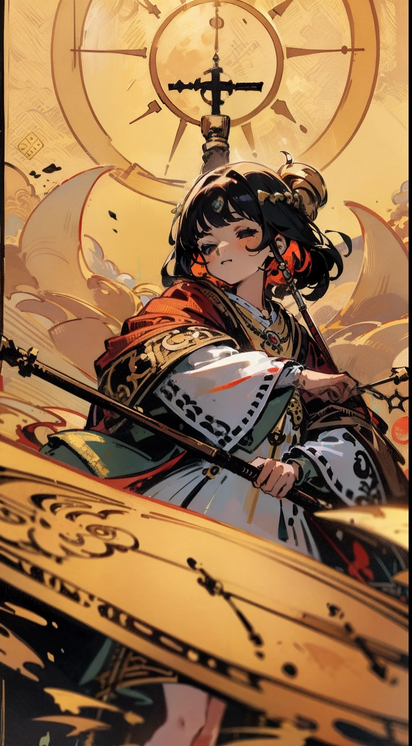 (Masterpiece, Best quality;1.3),(tarot cards:1.2), 1female,female-focus,cabellos largos dorados, Young, Beautiful face, priest,  Solo, view the viewer, calligraphy characters, symetrical composition, long shadow, cloody moon,blood splattere, Ultra detailed，Blindfold, white blindfold, holding staff, Golden halo, Thick robe, Chunky multi-layered dress, Intricate details, intricately details, Verbose border
