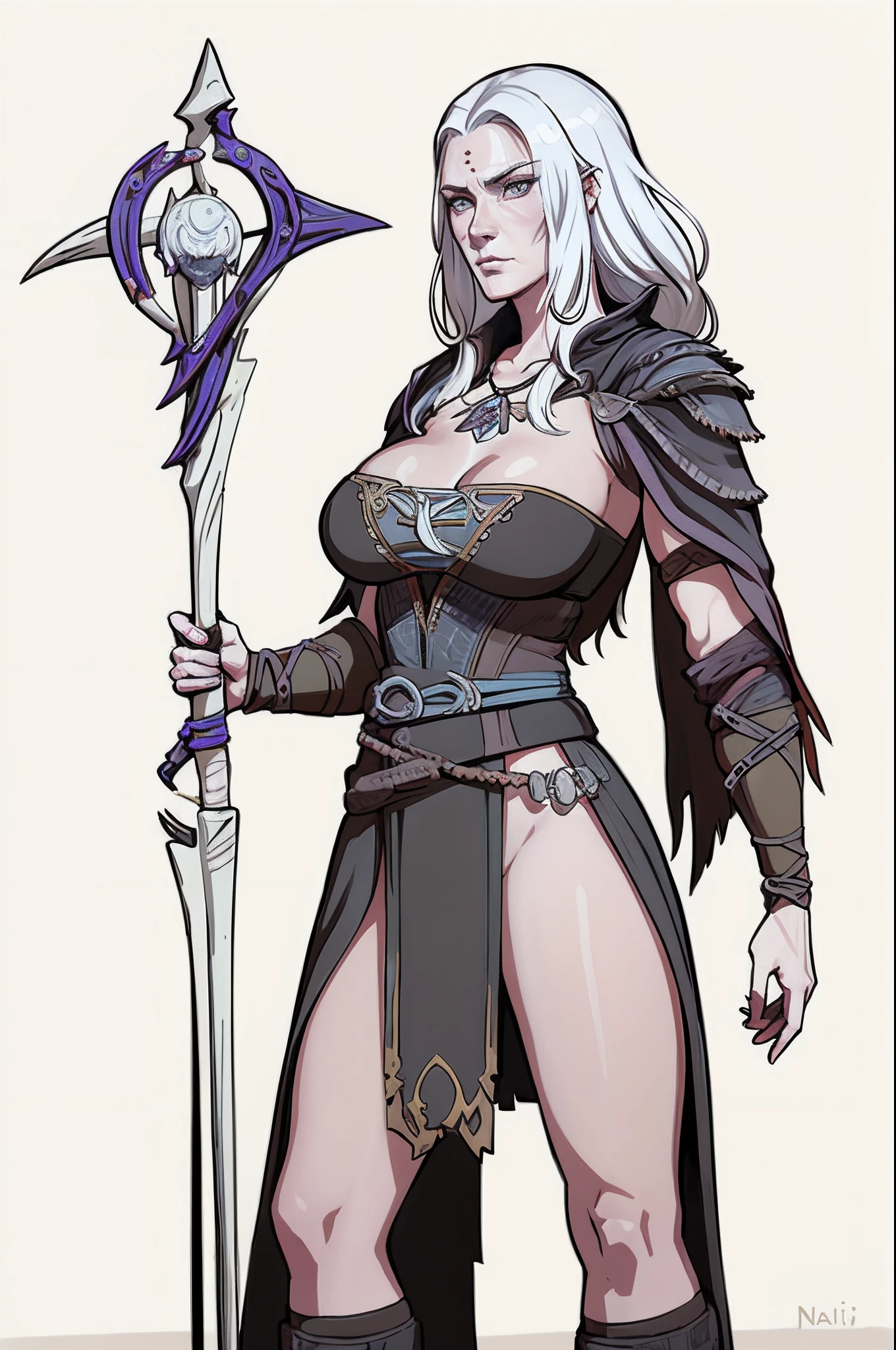 1 grandmother with a staff、独奏,full bodyesbian,the witcher,Leaning back,white backgrounid,Magical fantasy design,character concept design,Beautiful face and eyes,tmasterpiece,best qualtiy,Best resolution,high definition detail