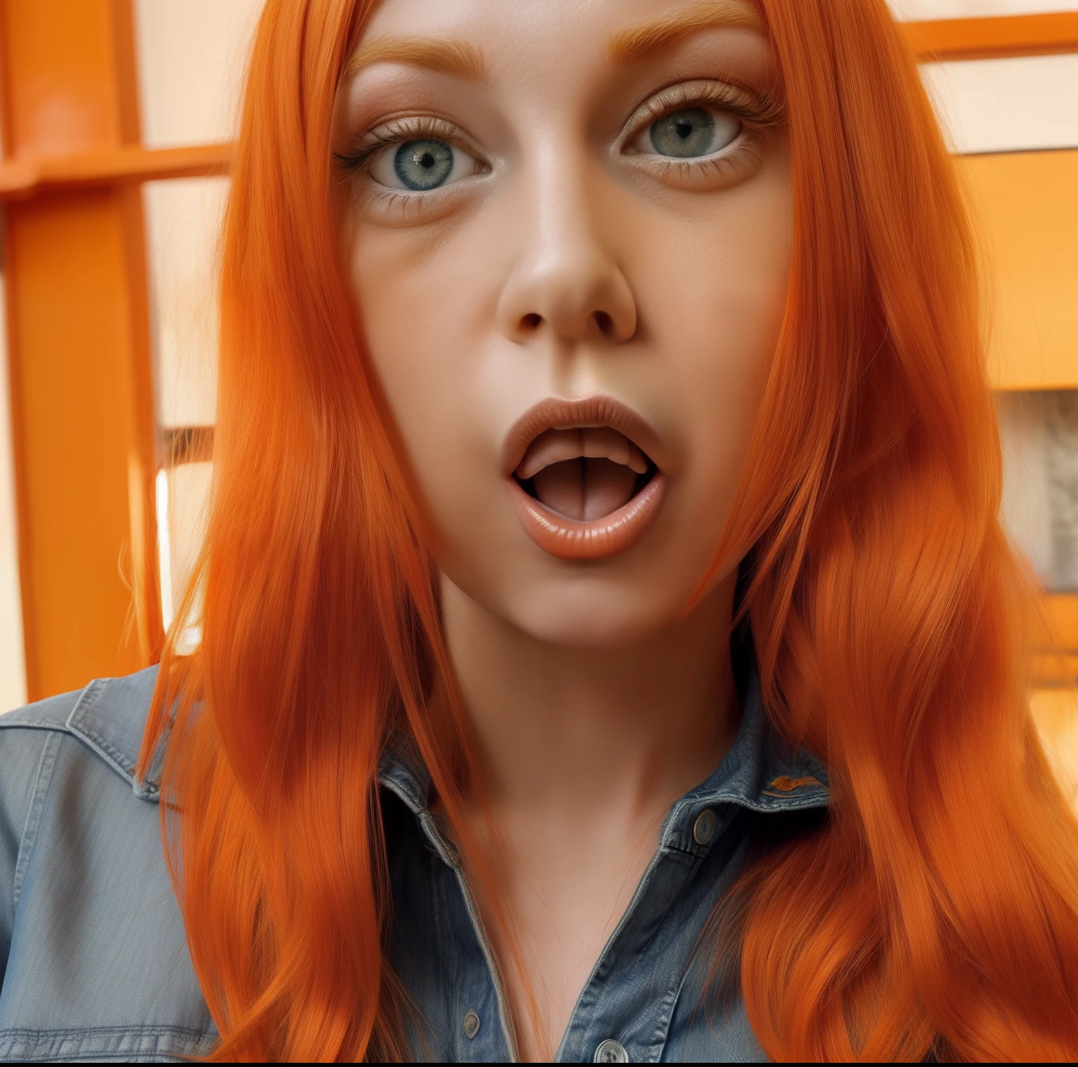 Orange hair woman with long hair sticking out her tongue and wearing a denim shirt, orange hair and large eyes, long orange hair and large eyes, she has a cute face, blonde swedish woman, lindsey look, cute pout, cute silly face, huge downslanted eyes, sexy face, thick lips, she has a cute expressive face, long orange hair and big eyes