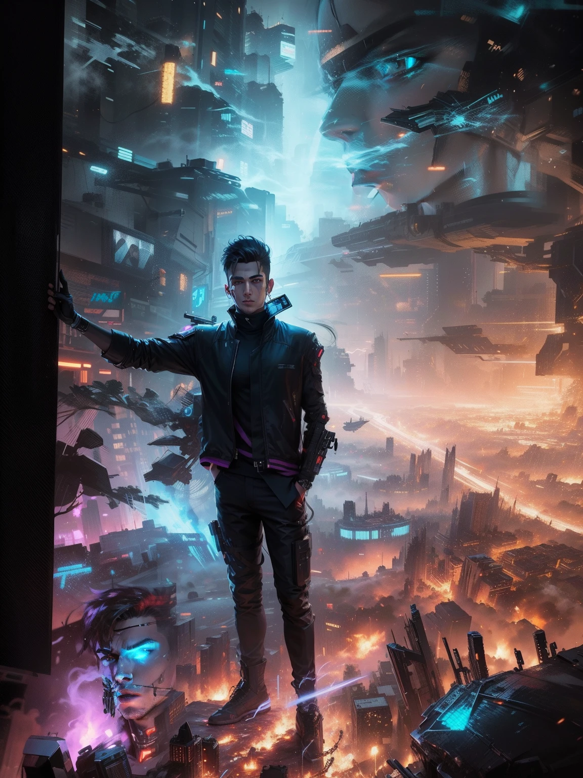 Change background cyberpunk handsome boy realistic face,8k, ultra realistic face