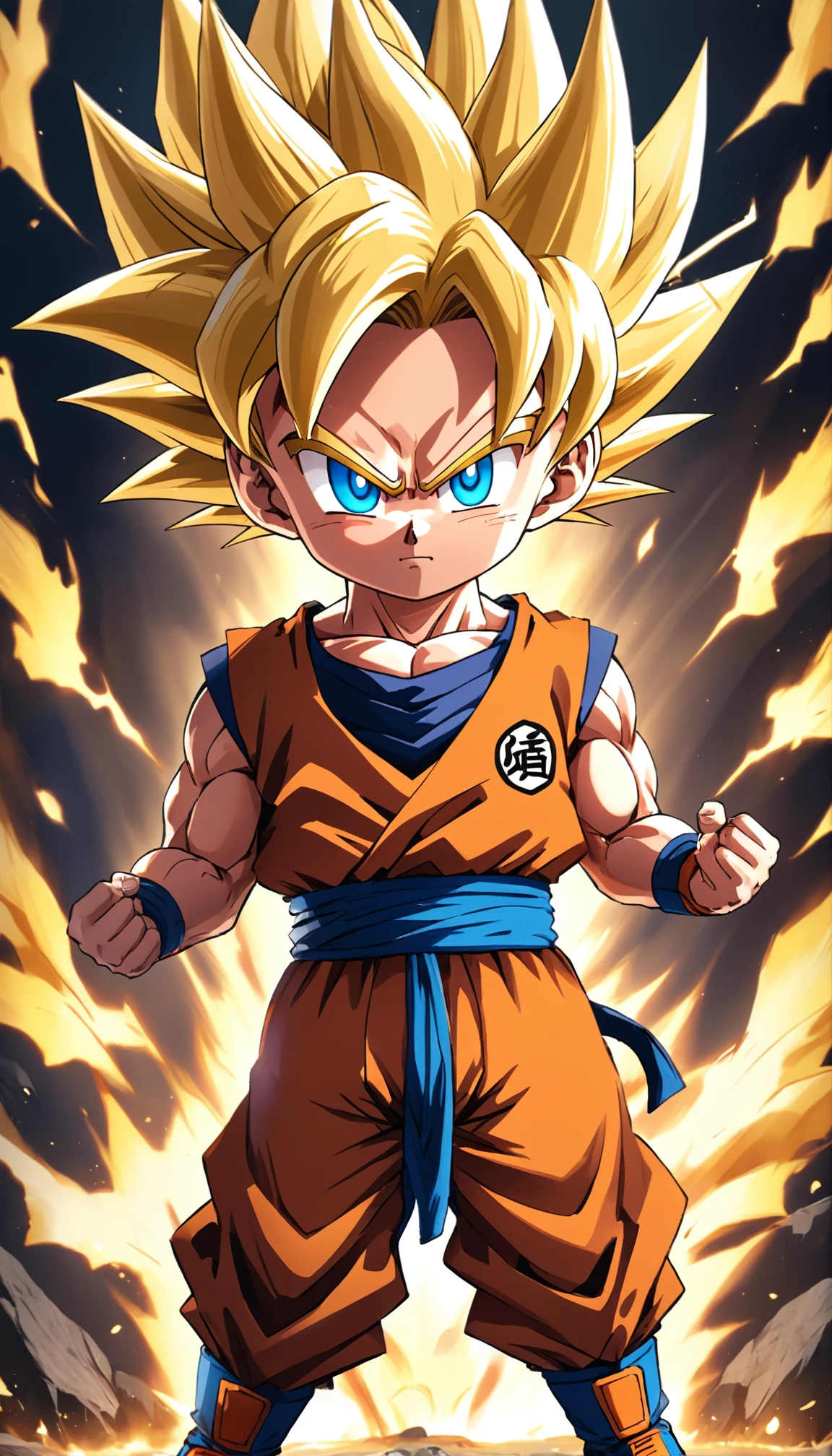 Goku Chibi super Sayajin 3 , Scenario with destruction , imagens sem qualquer deformidade , roupas do dragon ball gt , melhor qualidade em tudo , obra prima
