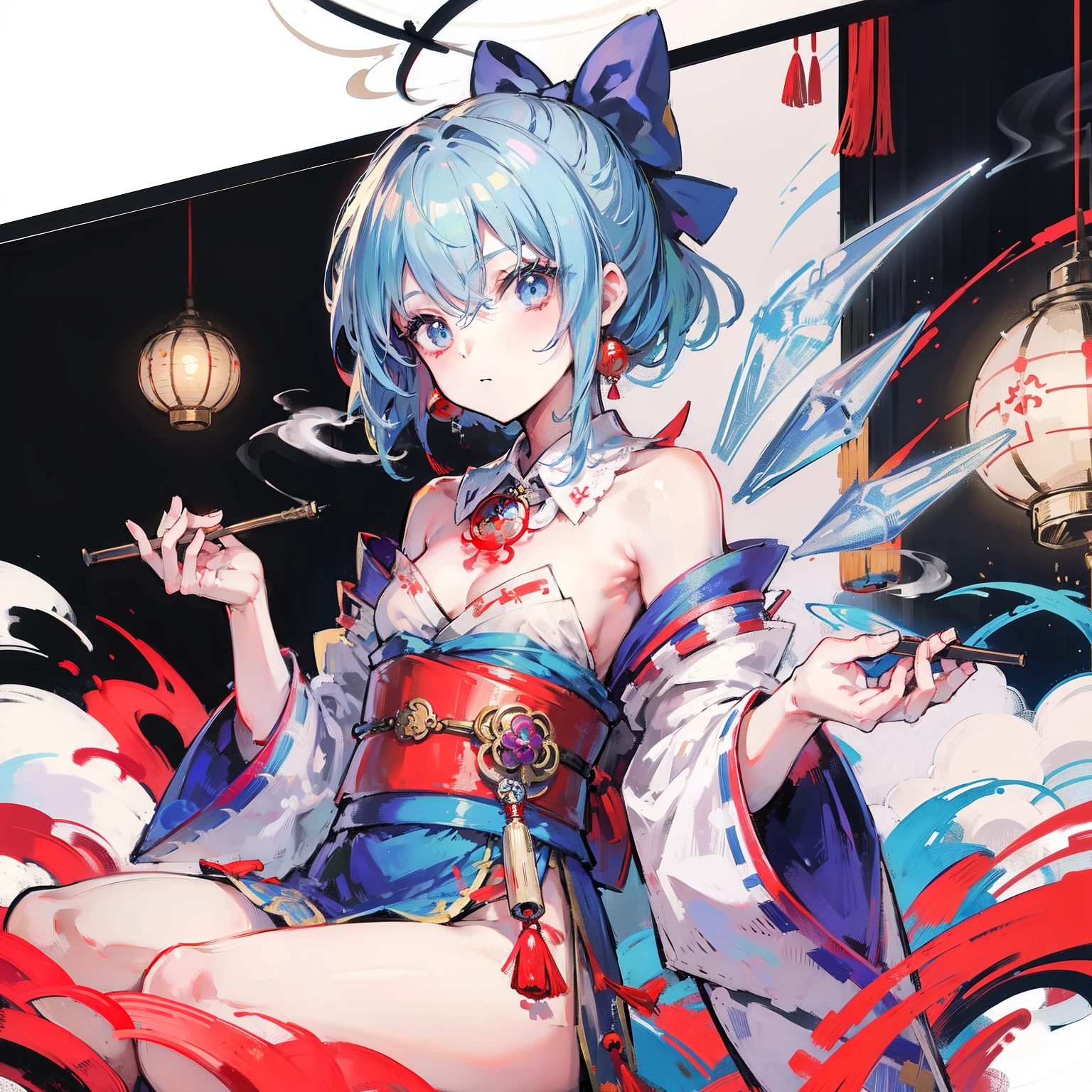 Illustration of woman in ancient oriental costume holding chopsticks, One girl, Komono, Solo, Kimono, Hair Ornament, Chest, Cirno, Light blue hair, The tattoo, Holding, courtesan, 花魁, Smoking pipe, looking at viewerer, There is