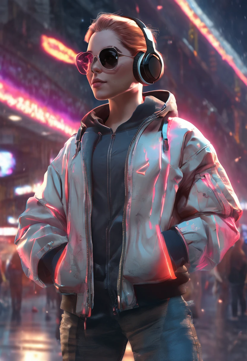 Perfect centering, A cute kitten all over, Wear a student jacket, Wearing sunglasses, Wearing headphones, Standing position, Abstract beauty, Centered, Looking at the camera, Facing the camera, nearing perfection, Dynamic, Moonlight, Highly detailed, Digital painting, art  stations, concept-art, smooth, Sharp focus, 8K, high definition resolution, illustration, Art by Carne Griffiths and Wadim Kashin, White background