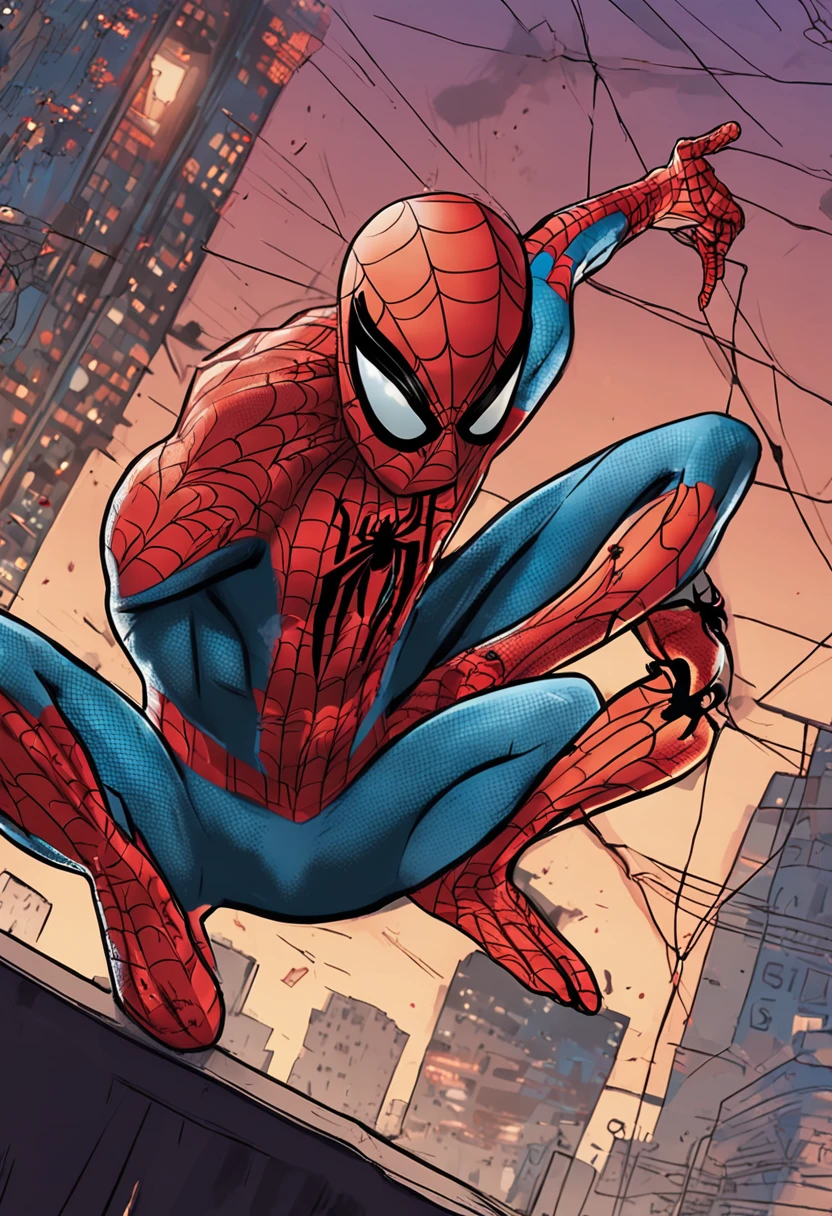 Spider-Man-style characters show extra strength and speed,Dressed in red and blue tights,With spider pattern,There are details throughout the body,Spider-Man Blindfold、Spider gloves、Cobweb tool,The background is the New York City skyline,The light and shadow effect at night are vivid,With a soft purple tone。