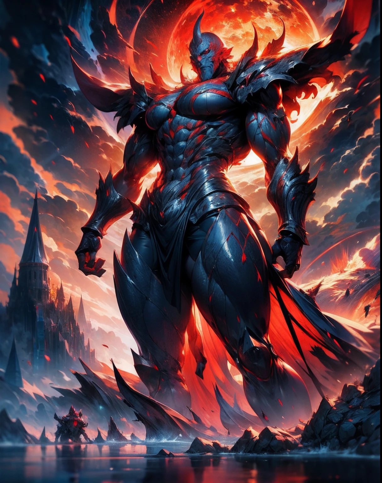 "Ultra HD, Low aerial shot, Dark fantasy art, Glowing red fiery aura, Epic demonic red monk floating atop a massive pile of floating rock debris, eyes aglow with hellfire, bending the earth with outstretched hands, a maelstrom of destruction whirling around him, lighting the scene with an ominous crimson glow, Canon 5D Mark IV, f/2.8, 1/250s, ISO 100, Dramatic lighting, Inspired by Brom and Wayne Barlowe "