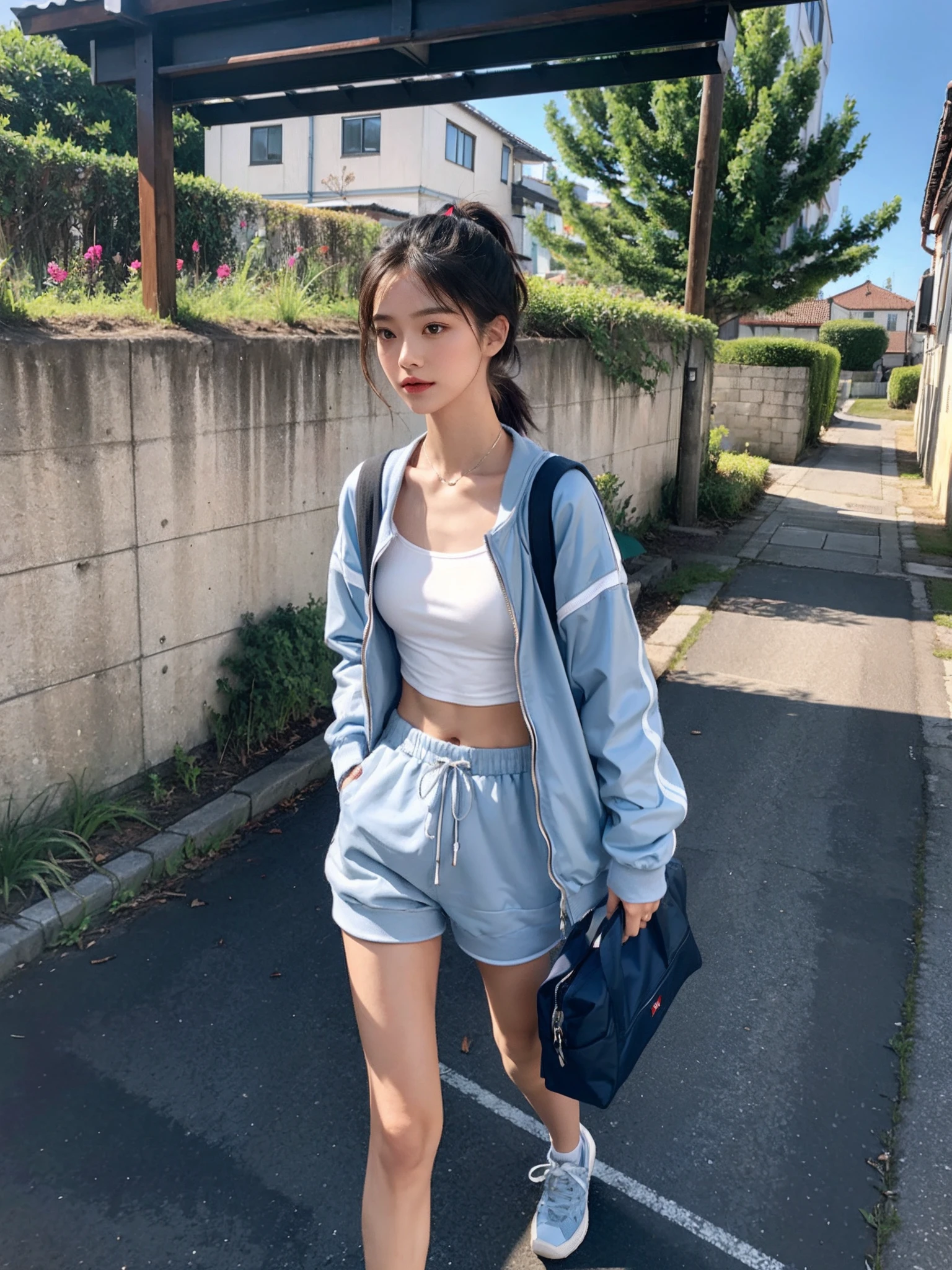 ((smallunderboob,Tomboyish,small heads)), (Well-defined abs: 1.1), (perfect bodies: 1.1), (short-length straighthair: 1.2), Black hair, upper body photos, attractive collarbone，（极其细致的CG 8k壁纸），（Extremely refined and beautiful），（tmasterpiece），（best qualtiy：1.0），（超高分辨率：1.0），beautiful light up，Perfect lightning，realistic shaded，[A high resolution]，Smooth and flawless fair skin，ultra - detailed ，Elongated legs，flatchest，Slim，emaciated，Short ponytail hair，Light blue jacket tracksuit top with collar，The long sleeves of the entire dress are dark blue，grey vest，denim short，White sneakers，夏天，eventide，A sea of people，at the doorstep of a school，Outside the walls，are standing，outside，Tree-lined roadsides，Carrying a red and blue boy's school bag