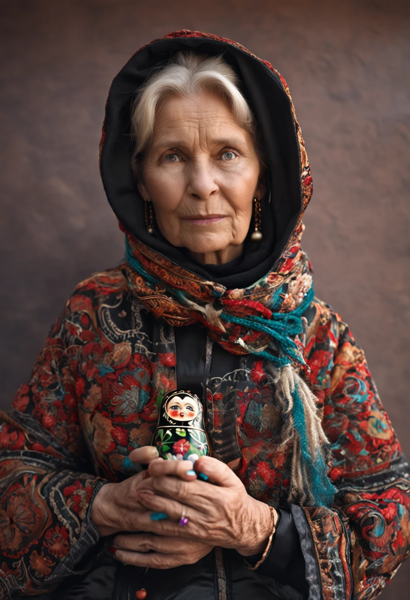 60 year old Russian woman Matryoshka with black clothes and braided hair