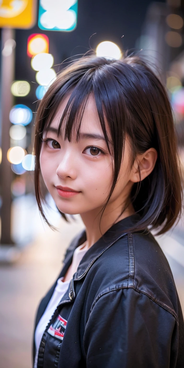 1girl, Tokyo street,night, cityscape,city lights,upper body,close-up,smile,, (8k, RAW photo, best quality, masterpiece:1.2),(realistic, photo-realistic:1.37),