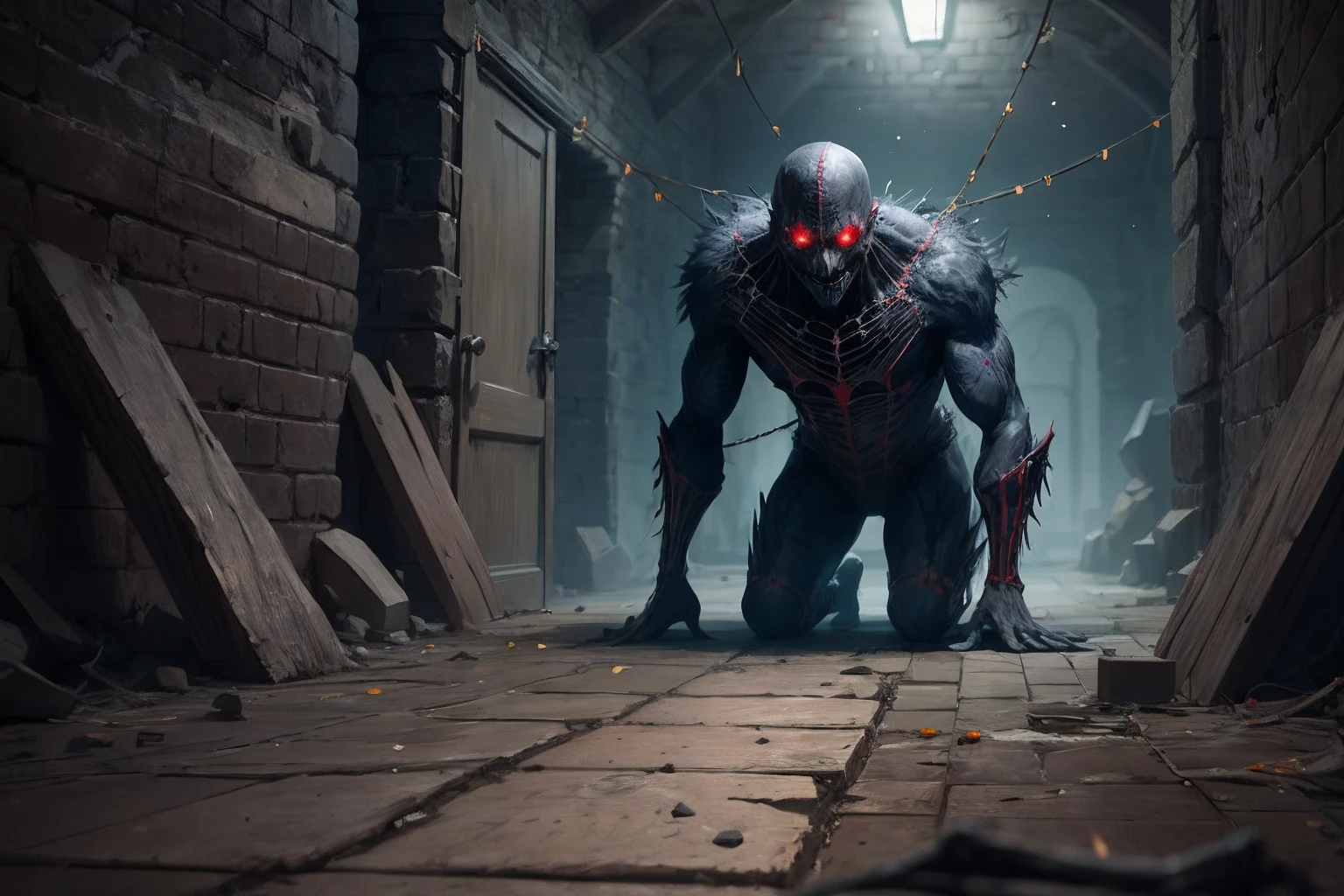 A creepy dark evil dungeon, a lot of web on dungeon floor