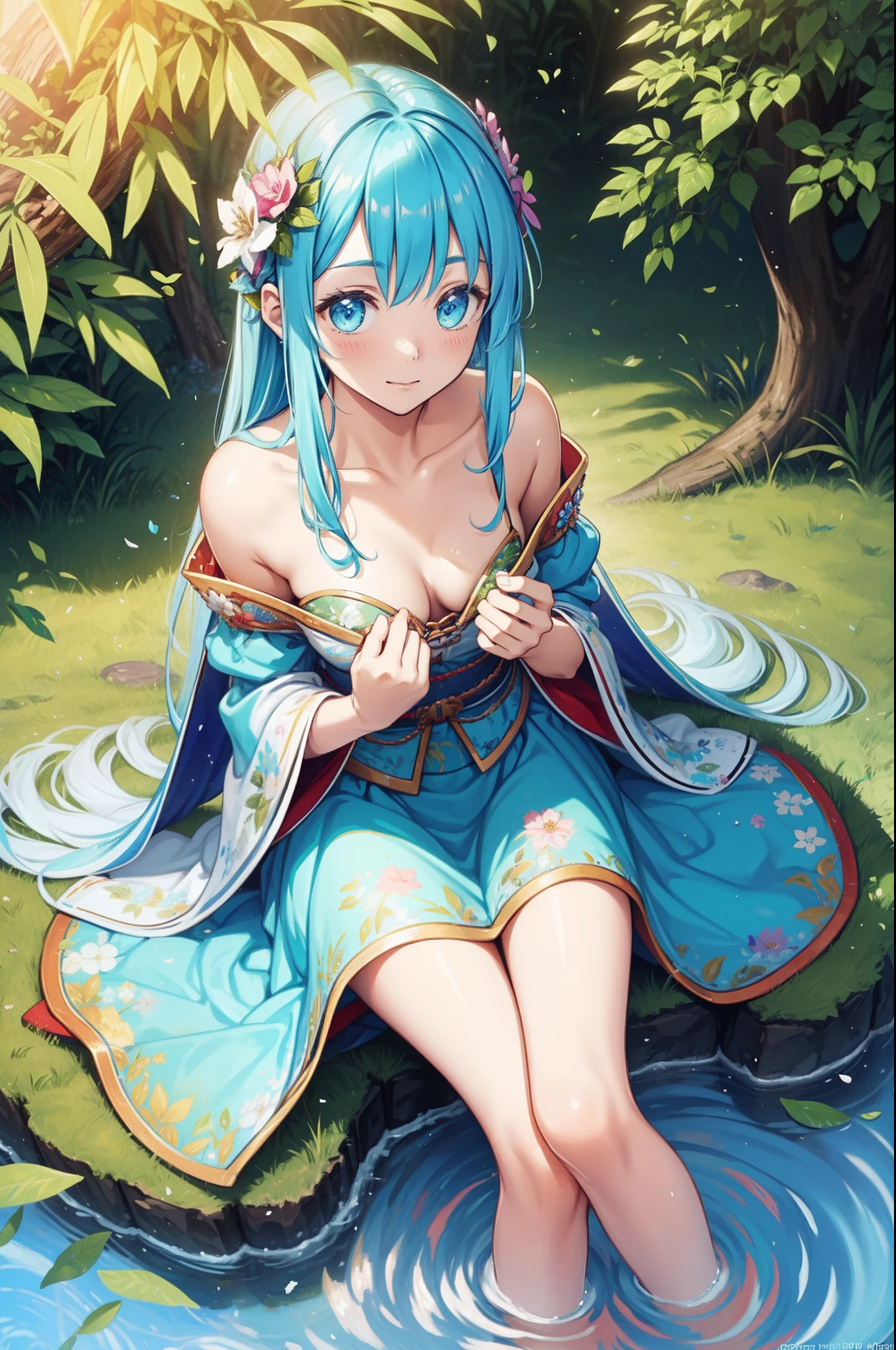 Beutiful women，Long hair decorated with flowers, Wear a light dress, Sit on the edge of a forest spring, Her feet rested on the fountain. She has a beautiful face and colorful, Shining eyes. Fountain in a green forest. Seated spirits、Sit up、Beautiful water、She wears outfits with intricate designs. a detailed drawing. Vivid colors. High image quality. --S 1000 --AR 4:5 - Rainbow 5