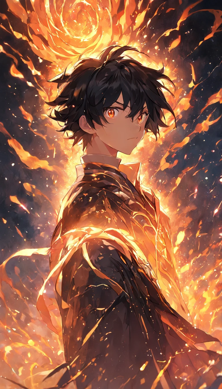 A painting that represents the essence of magic in your world, Black hair is exposed, Sparkling golden-eyed protagonist，There is a mysterious black mark on the neck，Immerse yourself in a series of magical fire energy, Glowing particles dance around him，Mysterious symbols form in the air