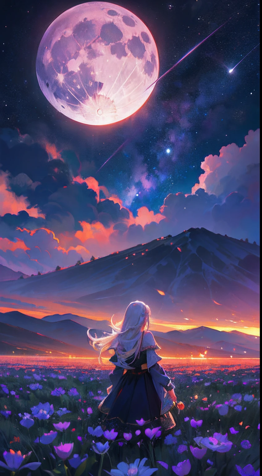 Vast landscape photo, (viewed from below, the sky is above and the open field is below), a girl standing on a flower field looking up, (full moon: 1.2), (meteor: 0.9), (nebula: 1.3), distant mountains , Trees BREAK Crafting Art, (Warm Light: 1.2), (Fireflies: 1.2), Lights, Lots of Purple and Orange, Intricate Details, Volumetric Lighting, Realism BREAK (Masterpiece: 1.2), (Best Quality), 4k, Ultra-Detailed, (Dynamic Composition: 1.4), Very Detailed, Colorful Details, (Rainbow Colors: 1.2), (Glow Lighting, Atmospheric Lighting), Dreamy, Magical, (Solo: 1.2)