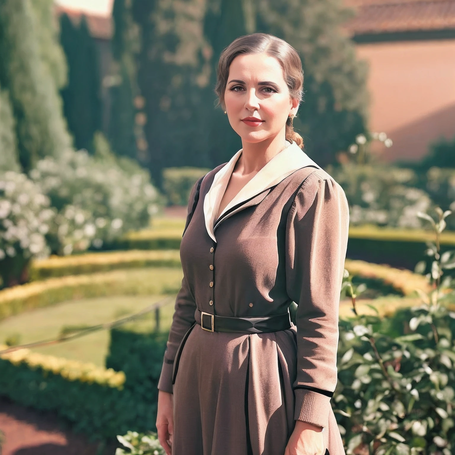 There's a middle-aged woman standing in a garden with a suitcase, inspirado em Albert Dorne, vestido como nos anos 1940, Roupas estilo anos 1930, foto de retrato, Imagem promocional, no jardim, flores ao redor, ancient garden behind her, inspirado em Thyrza Anne Leyshon, foto realista, cinematic